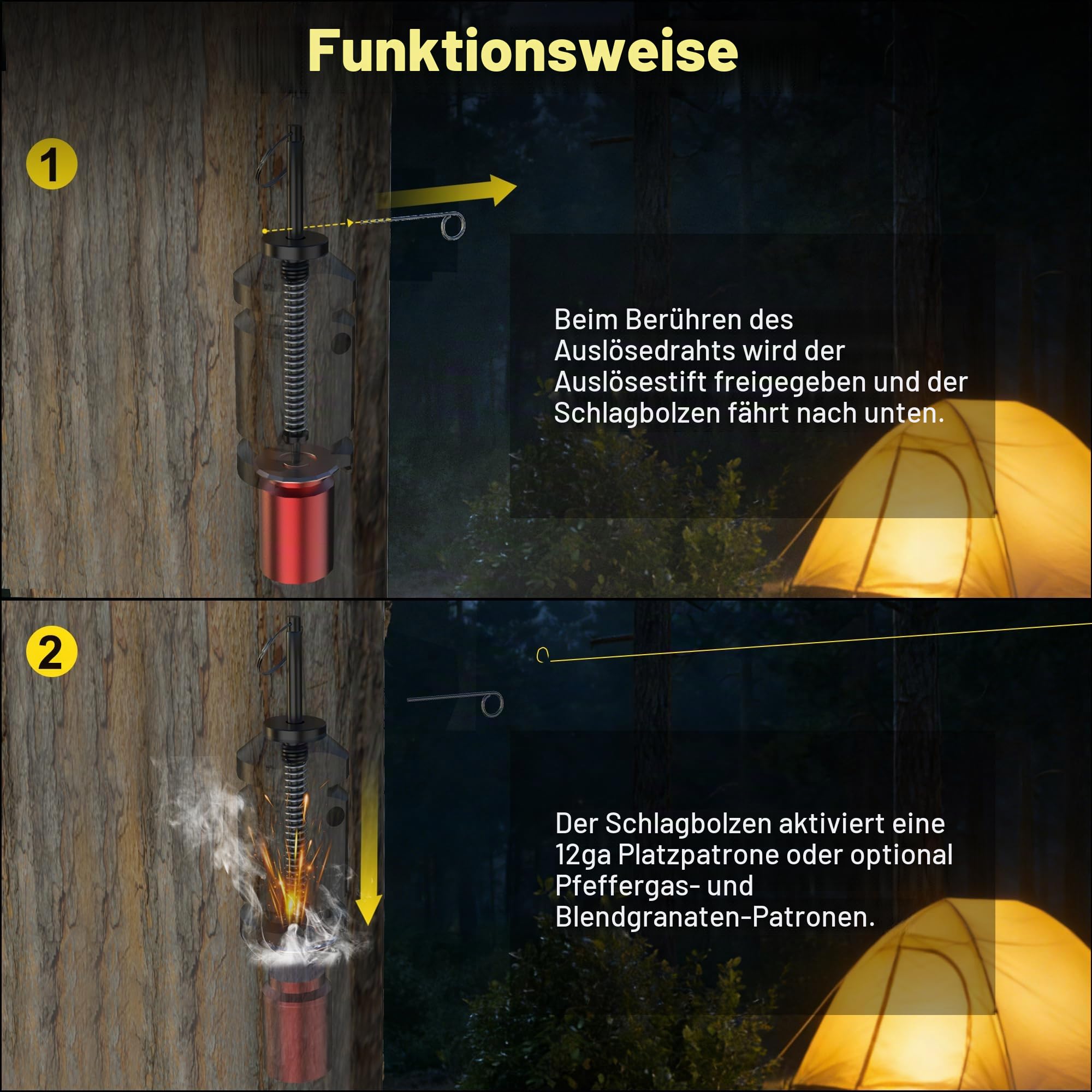 2 Stück Reisealarm, Perimeter Trip Alarm, 12 Gauge Campingausflug, Drahtalarmgerät, Frühwarnsystem für Camping und Outdoor-Sicherheit/Bärenabschreckung, Campingsicherheit (Adapter nicht im