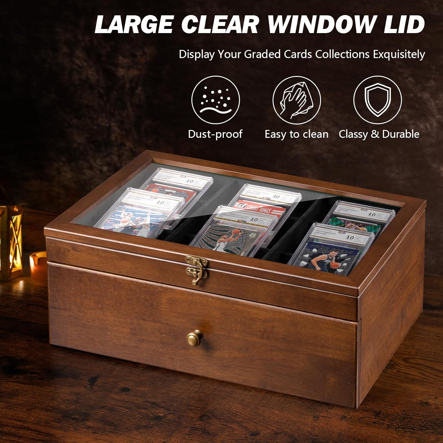 Emfogo Trading Card Storage Box, 70+ Graded Card Storage Box with Custom Drawer, Wood Storage Display Case with Large Clear Window, Sports Trading Card Box with Dividers for TCG/Mtg Collection