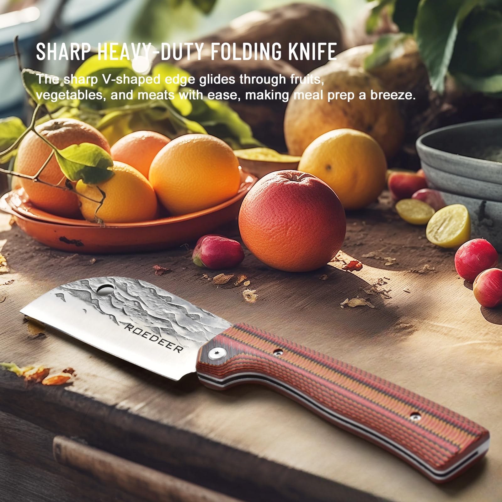 ROEDEER Heavy Folding Chef Knife, Portable Kitchen Knife, Ultra Sharp Folding Cleaver, Forged Blade Micarta Handle, Folding Kitchen Knife for Outdoor Camping Cooking (Round Blade) — Amazon image 4