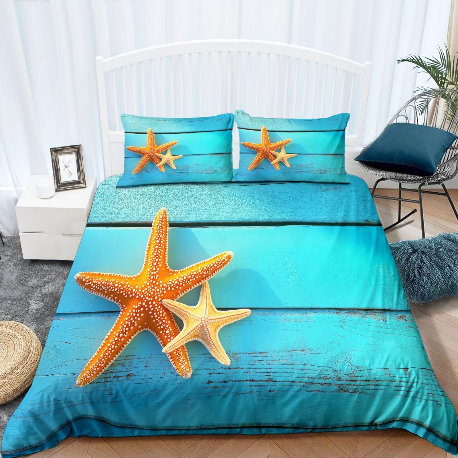Funda Nordica Cama 90 de 3 Piezas Dos Estrellas de mar en el océano Juego de Funda Nordica 150x200 cm y 2 x Fundas de Almohada de 50x75 para Ropa de Cama Infantil Niño Chico Niña