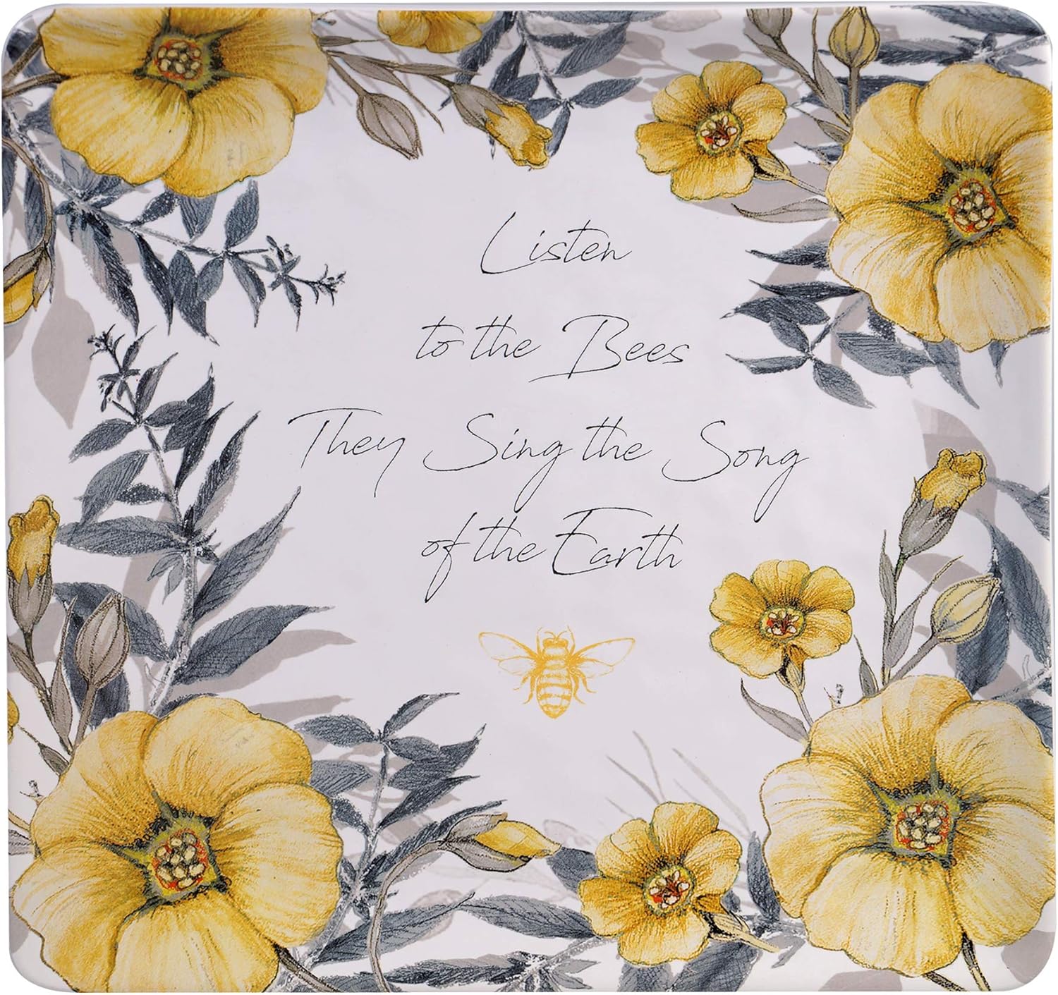 Bee Sweet 12.5" Ceramic Square Platter – Floral & Bee Design with Nature Quote, Large Serving Tray for Entertaining, Cottagecore Kitchen Decor & Spring Table Centerpiece