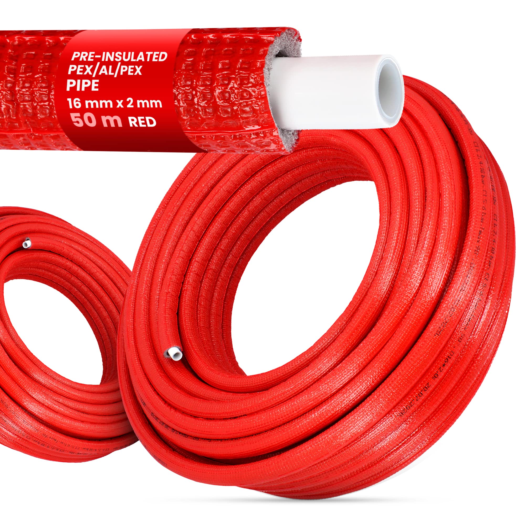 Tubo preisolato PEX/AL/PEX con rivestimento in polietilene, resistente, durevole, 16 x 2 mm, rosso, 50 m, per sistemi di riscaldamento e fornitura idrica