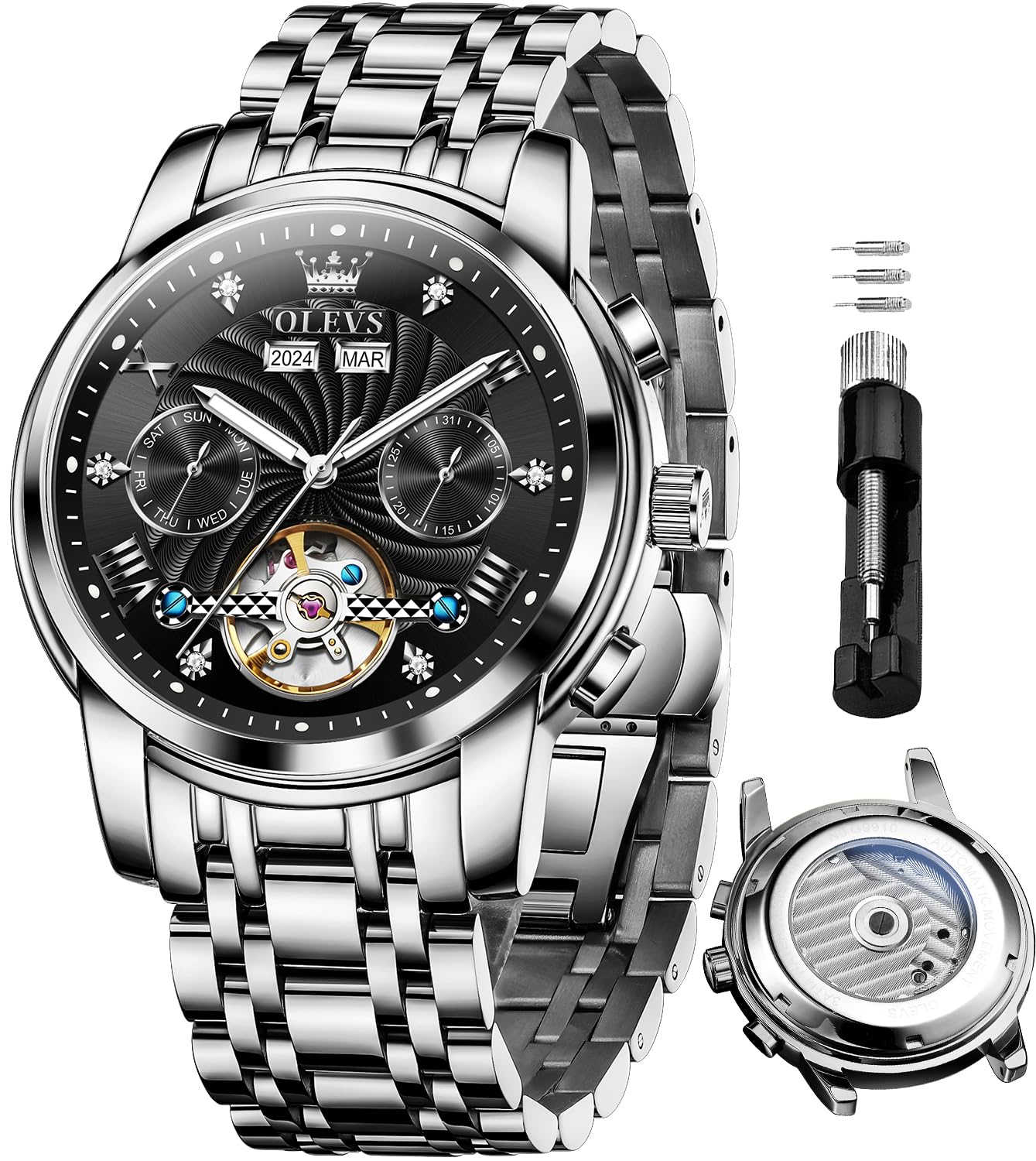 OLEVS Automatic Watches for Men Business Dress Mechanical Watch Stainless Steel Waterproof Self Winding Classic Date Luxury Diamond Skeleton Men Wristwatch