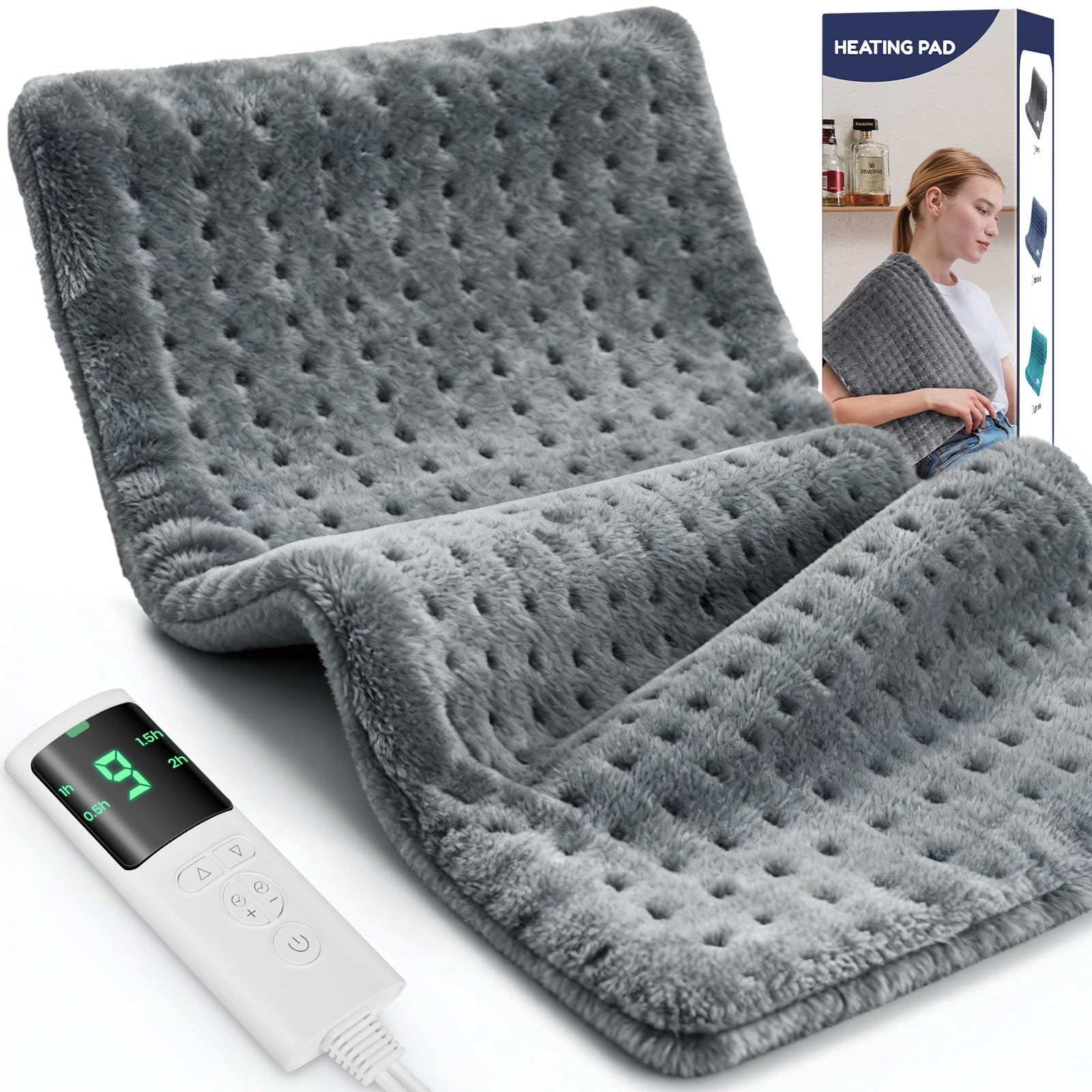 Extra Large Heating Pad for Back Pain Relief, 33"x17" Electric Heat Pad for Neck, Shoulders, Cramps, Menstrual Pain, 9 Heat Settings & 4 Auto-Off