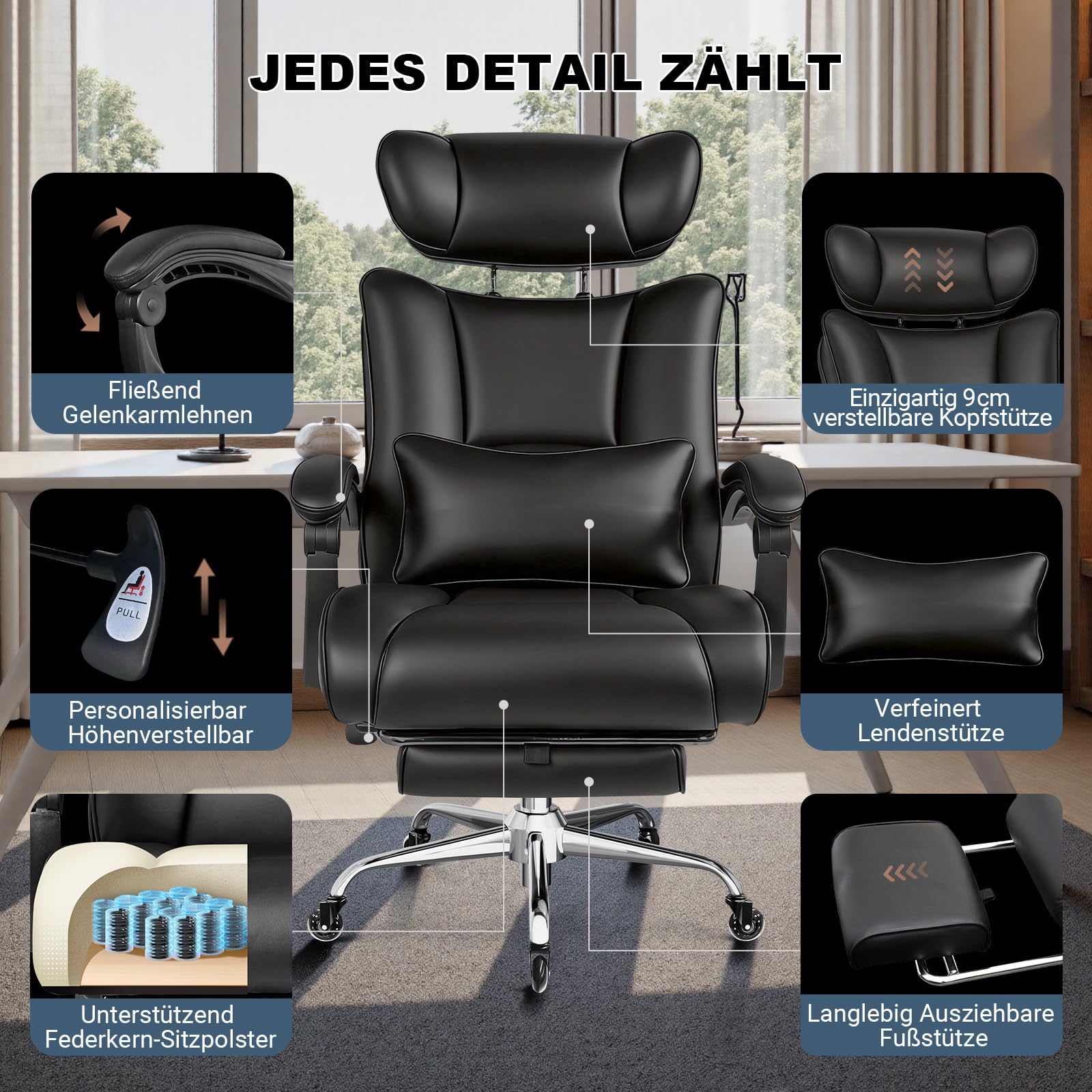 BASETBL Bürostuhl 200kg, Chefsessel mit 4-stufiger Gasdruckfeder, 3D Armlehnen, Verstellbarer Lendenstütze & Kopfstütze, Leises Gummirollen, XXL breiter Sitz, EN12520, ergonomischer Schreibtischstuhl