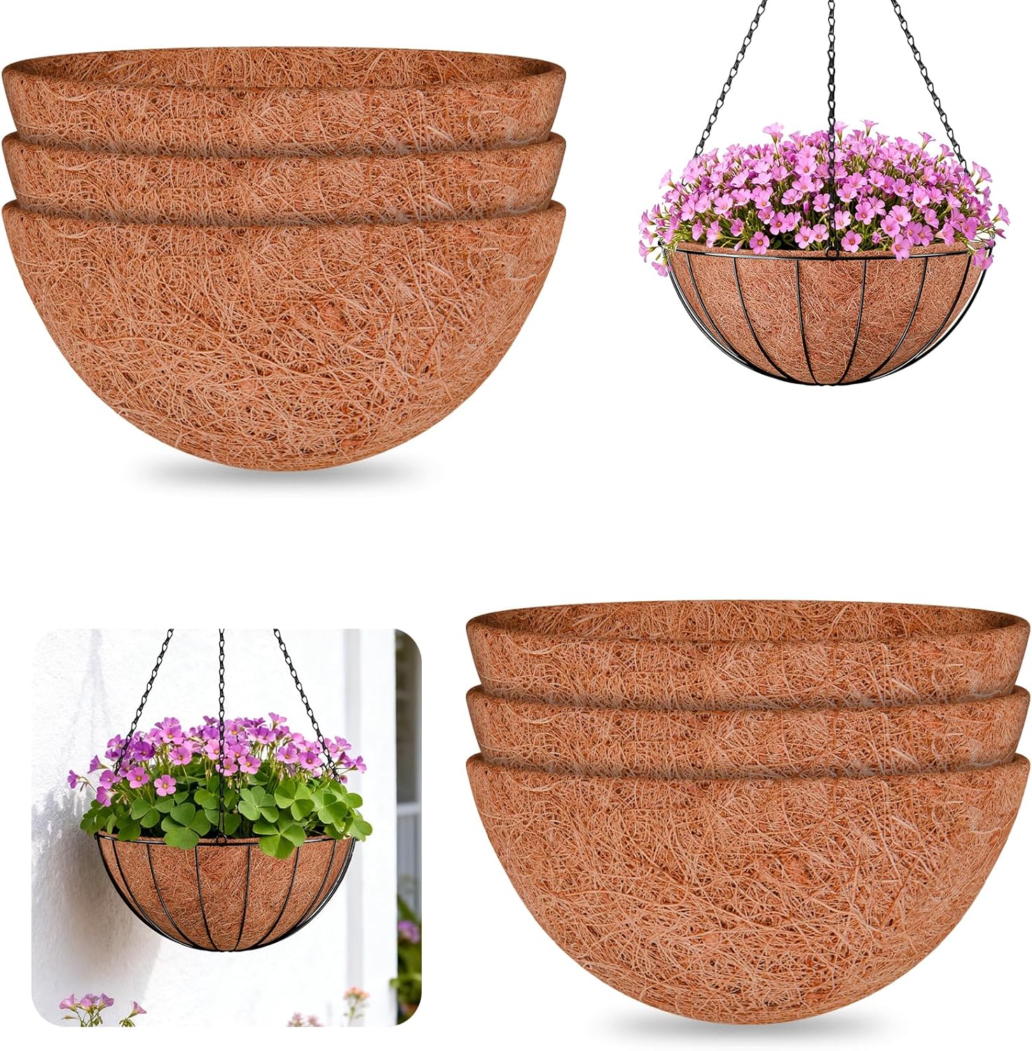 Halatool 6 Pack 16 Inch Coco Liner for Hanging Baskets Replacement Round Coconut Liners for Planters, 100% Natural Coco Fiber for Flowers Vegetables Garden, Drainage & Retain Moisture