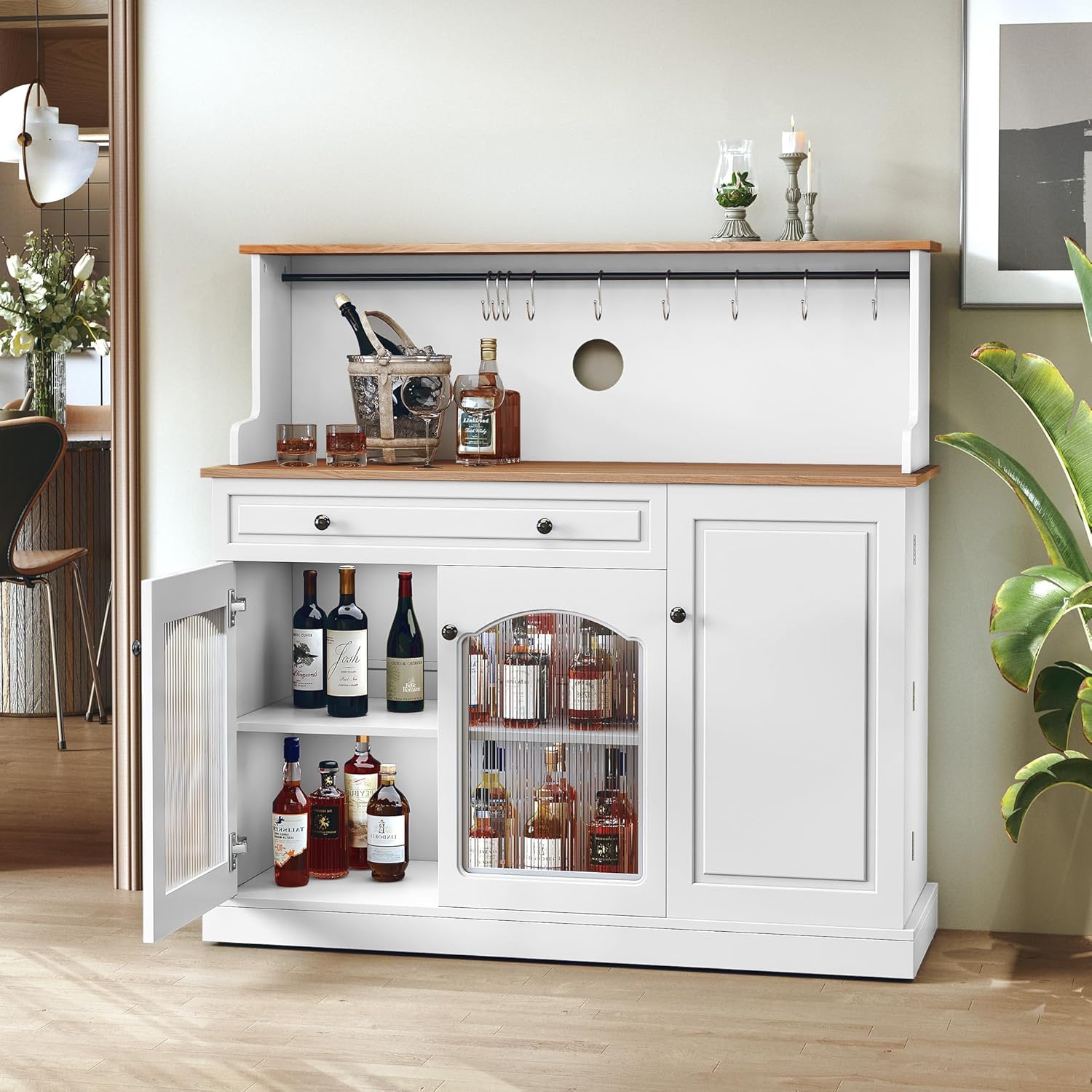 ARTPOWER Farmhosue Coffee Bar Cabinet with Hutch - 48” Modern Buffet Cabinet with Drawer Storage and Glass Doors,Wine Bar Table with Adjustable Shelves for Living Dining Room,Blue