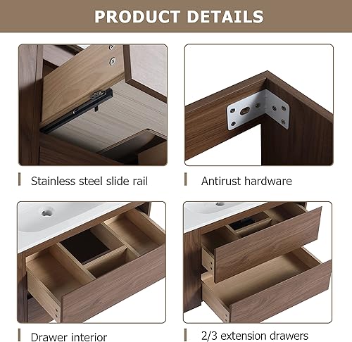 Miniatura 7 de Goujxcy Tocador de baño montado en la pared de 30 pulgadas con fregadero, moderno mueble de baño flotante con lavabo de gel blanco y cajón de