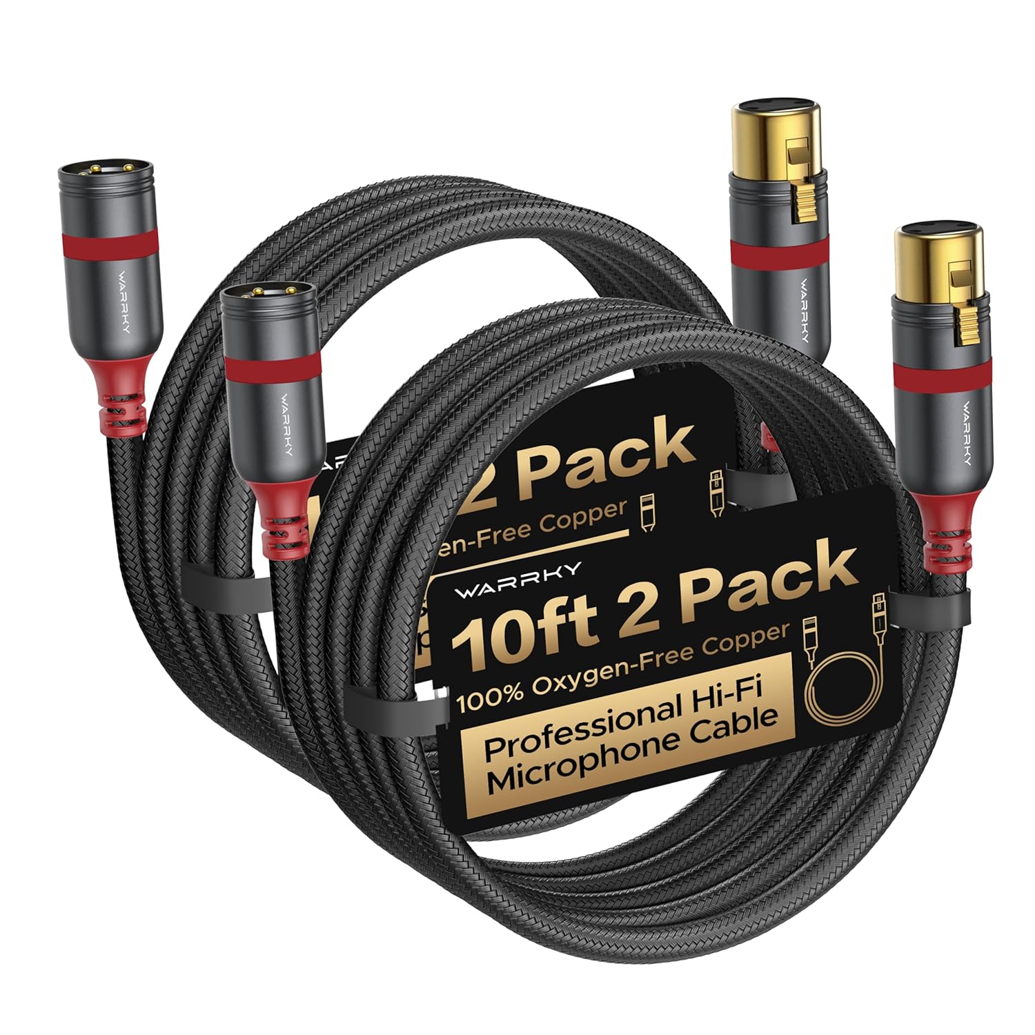 WARRKY XLR Cables 10ft 2 Pack Oxygen-Free Copper (OFC), Gold-Plated Connector Balanced Microphone Cable Male to Female Professional Hi-Fi XLR Cable