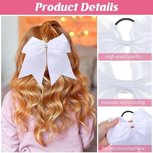 Miniatura 3 de Yunlly 50 lazos blancos de animadora de 8 pulgadas, lazos grandes para el pelo para animadoras, cola de caballo, banda elástica, lazos para el