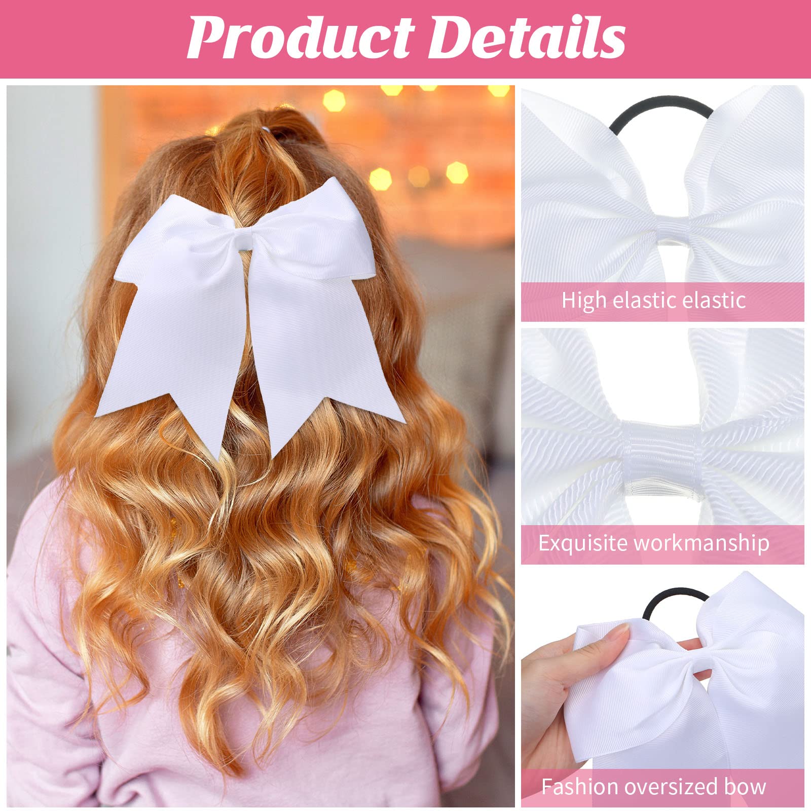 Yunlly 50-Piece 8-Inch White Cheer Hair Bows with Elastic Ponytail Holders
