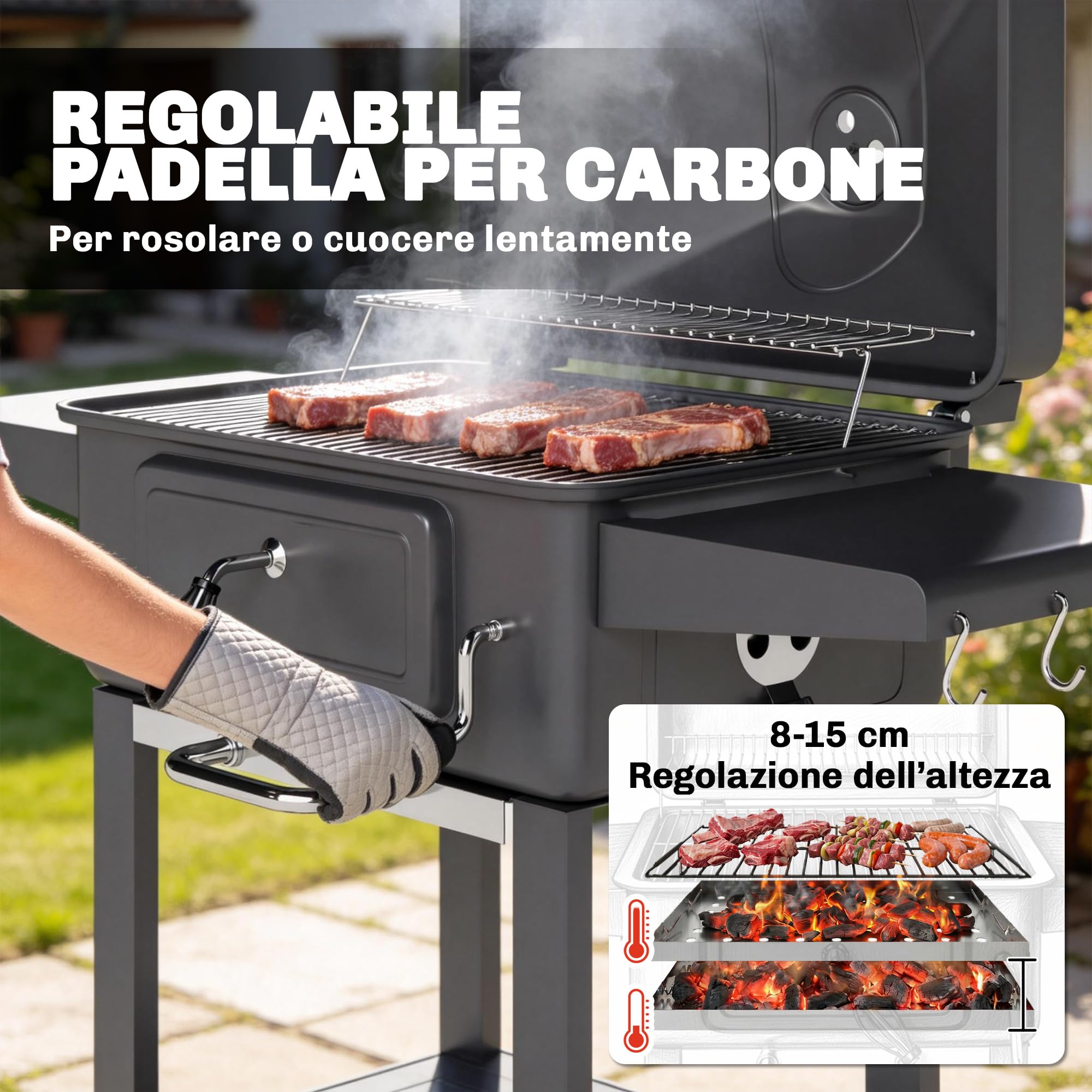Outsunny Barbecue Carbonella Carrello BBQ Portatile con Griglia e Coperchio, Nero
