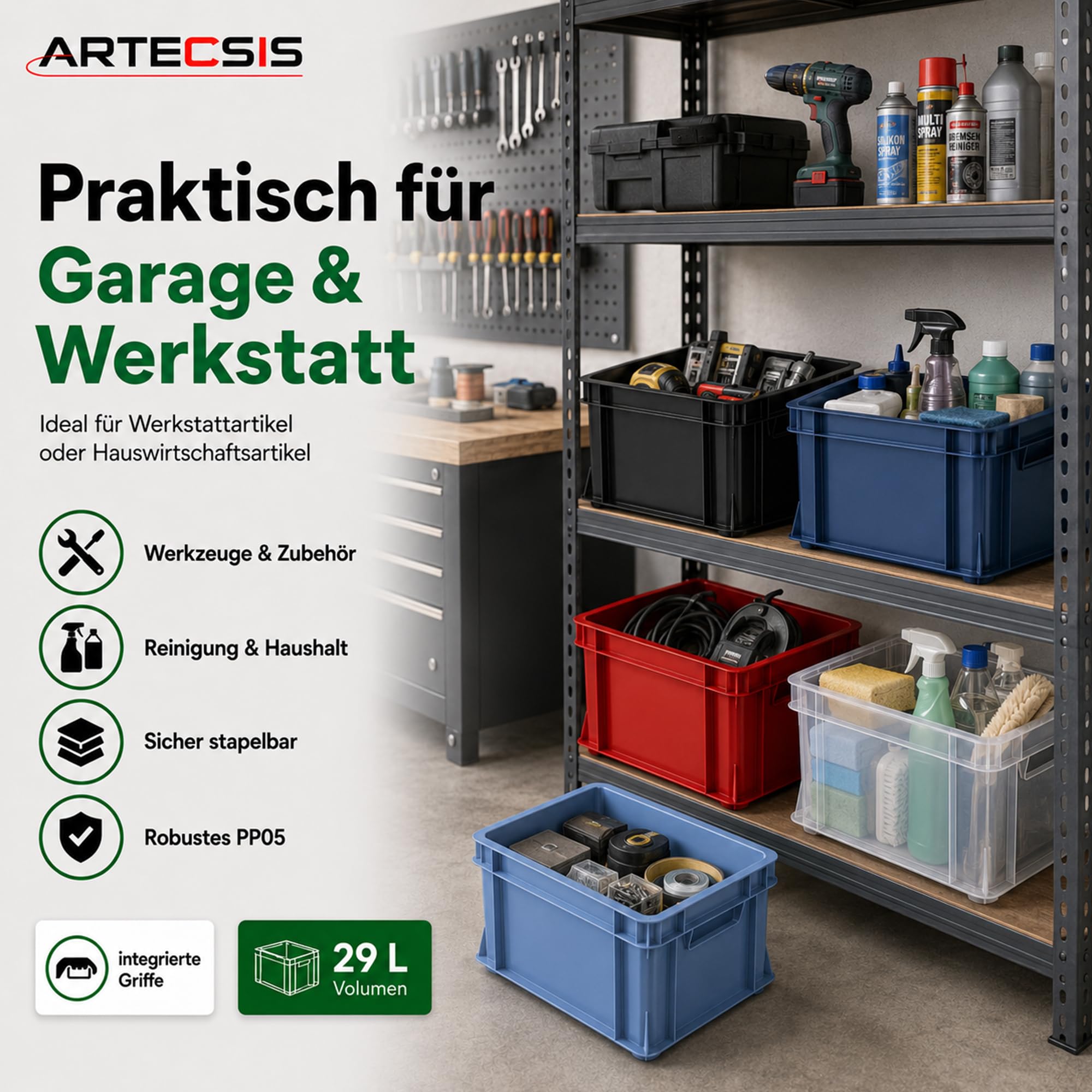 ARTECSIS® 3 x Kunststoffkiste 29L (stapelbar) rot - Transport & Lagerbox (41x34x24cm) - Aufbewahrungsbox & Lagerkiste aus stabilem Kunststoff - Ordnungsbox & Transportkiste Garten & Werkstatt