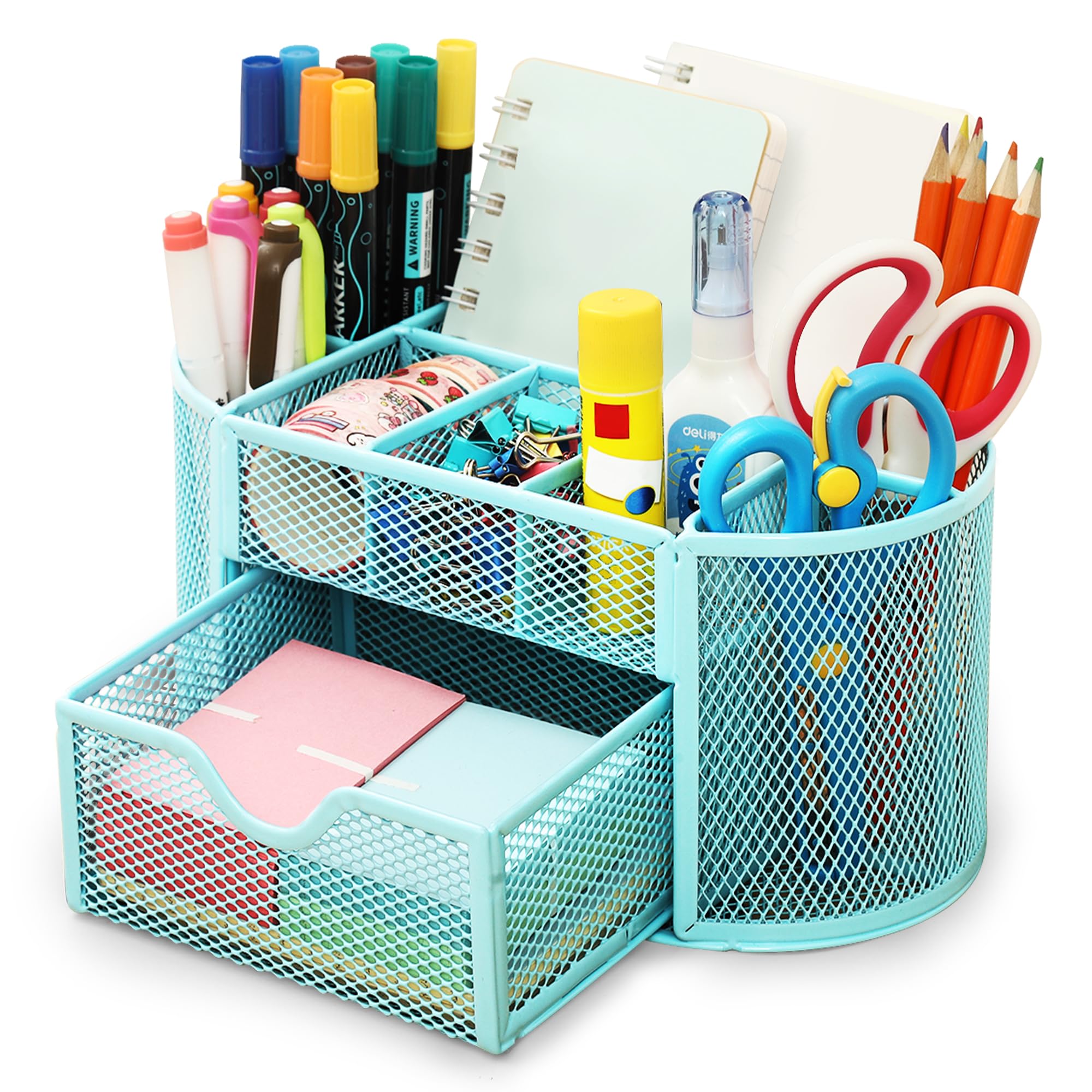 Chumix Organizer Scrivania, Porta Penne per Scrivania, Portapenne da Scrivania in Rete Metallica, Versatile Desk Organizer con Cassetto e Porta Penne, per Casa, Scuola, Uffici (Azzurro)