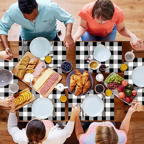 Miniatura 6 de Juego de 6 manteles individuales de plástico en blanco y negro a cuadros, manteles individuales a cuadros de búfalo negro, lavables para interiores