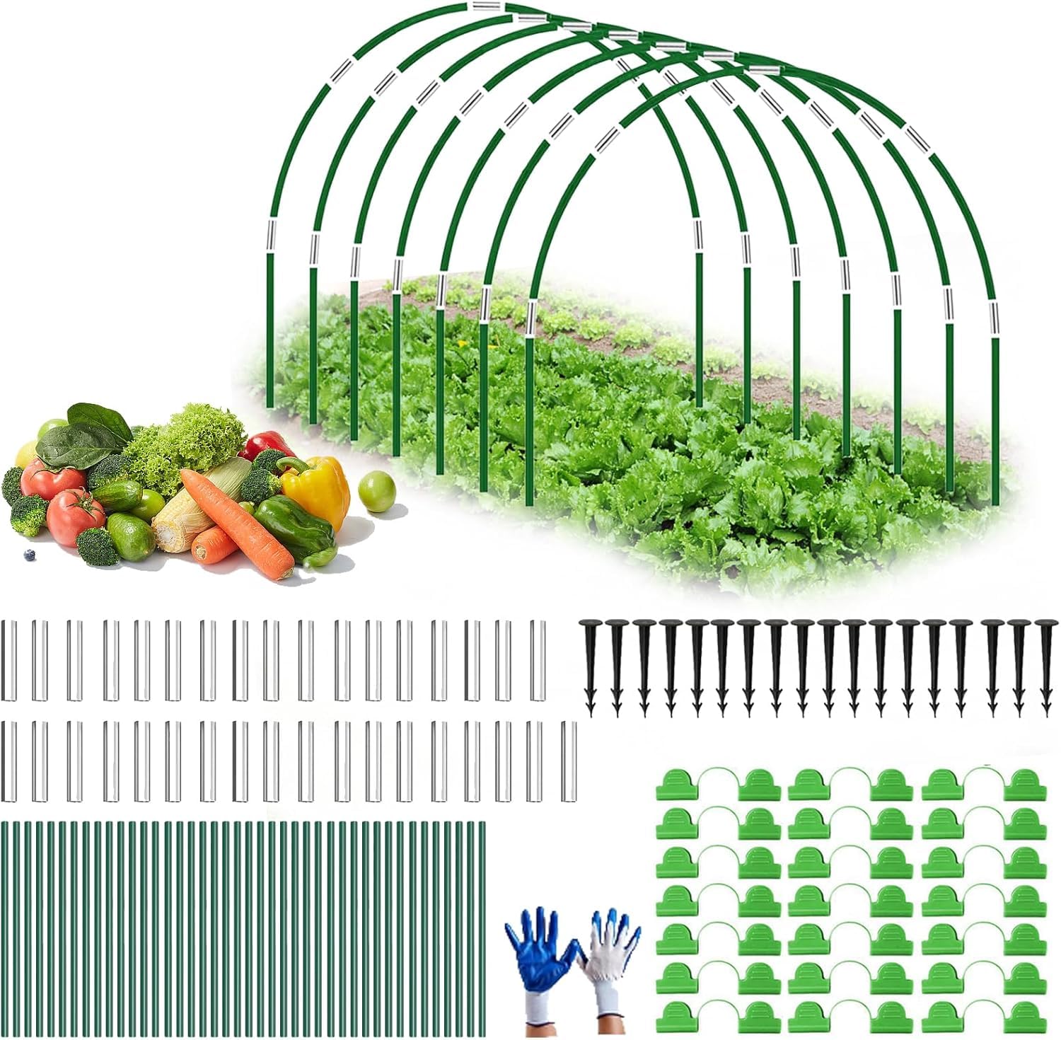 117PCS Garden Hoops for Raised Beds and Netting, Greenhouse Tunnel Arches, Detachable Fiberglass Garden Bed Plant Hoops with 21 Clips, Garden Cloche Stakes Grow Tunnel Support DIY Frame for Outdoor
