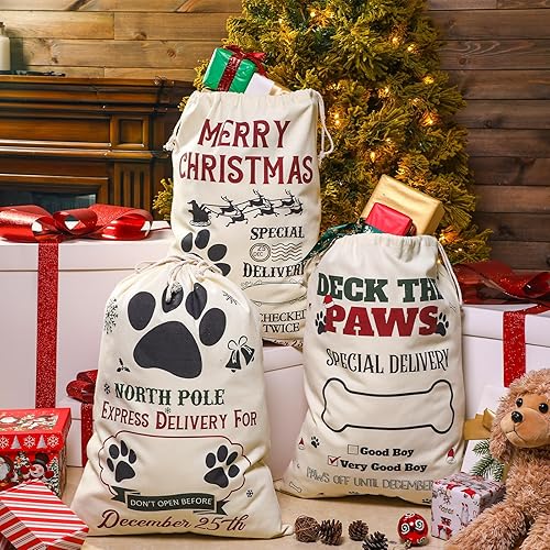 Miniatura 5 de Clysee Saco de Papá Noel de 3 piezas, bolsa grande de Navidad para mascotas, bolsa de regalo de perro con cordón de Navidad, bolsa de regalo para