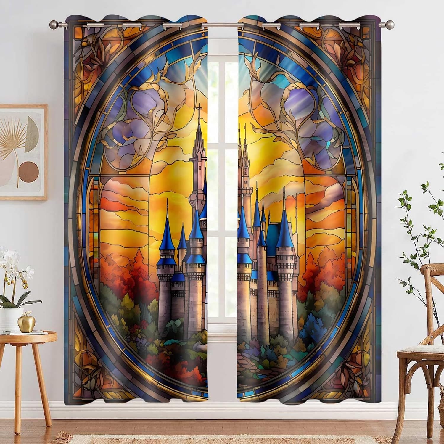 Stained Glass Blackout Curtains 38x54 Inch - 2 Panels Vintage Nature Landscape Print, Thermal Insulated Noise Reducing Drapes for Living Room/Bedroom, Colorful Tree Mountain Art Decor Curtains