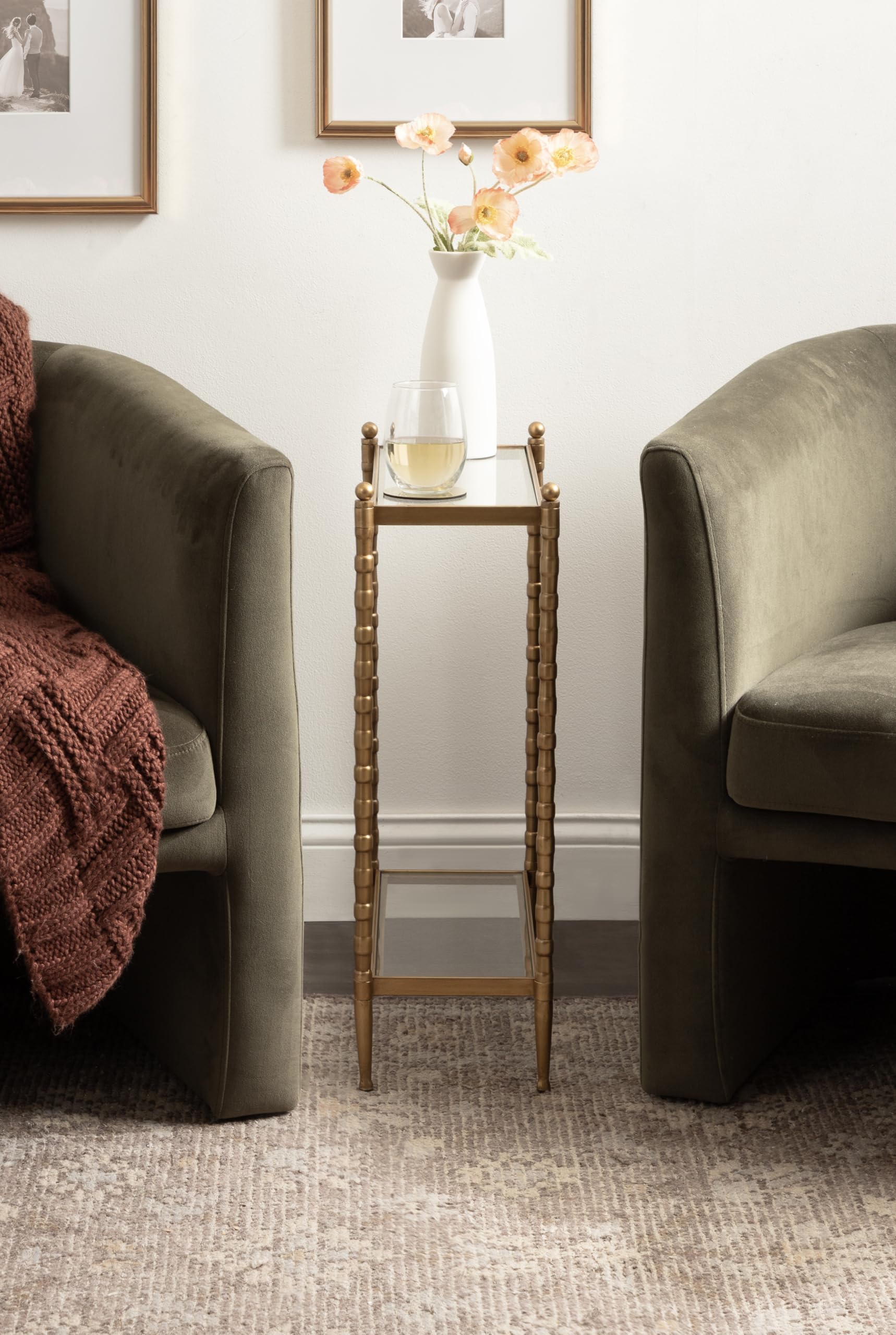 Kate and Laurel Prisha Traditional Metal Skinny Side Table, 18 x 8 x 25, Clear Glass and Gold, Vintage Rectangular Slim Bedroom Nightstand with Glass Tabletops for Use as Living Room End Table