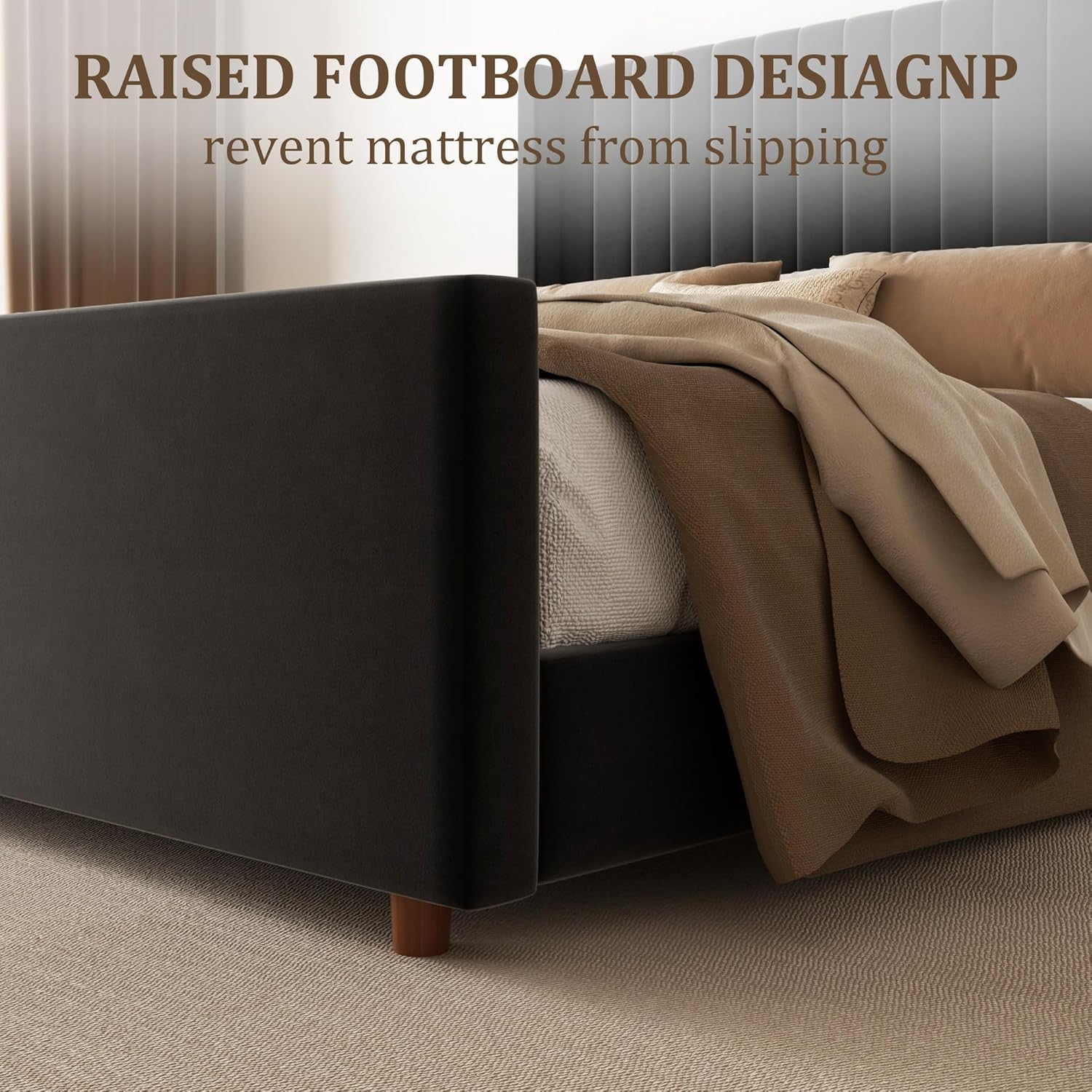 King Size Bed Frame, Upholstered Platform Bed with 62" Tall Headboard & Footboard, Soft Velvet Fabric, No Box Spring Required, Easy Assembly, Black