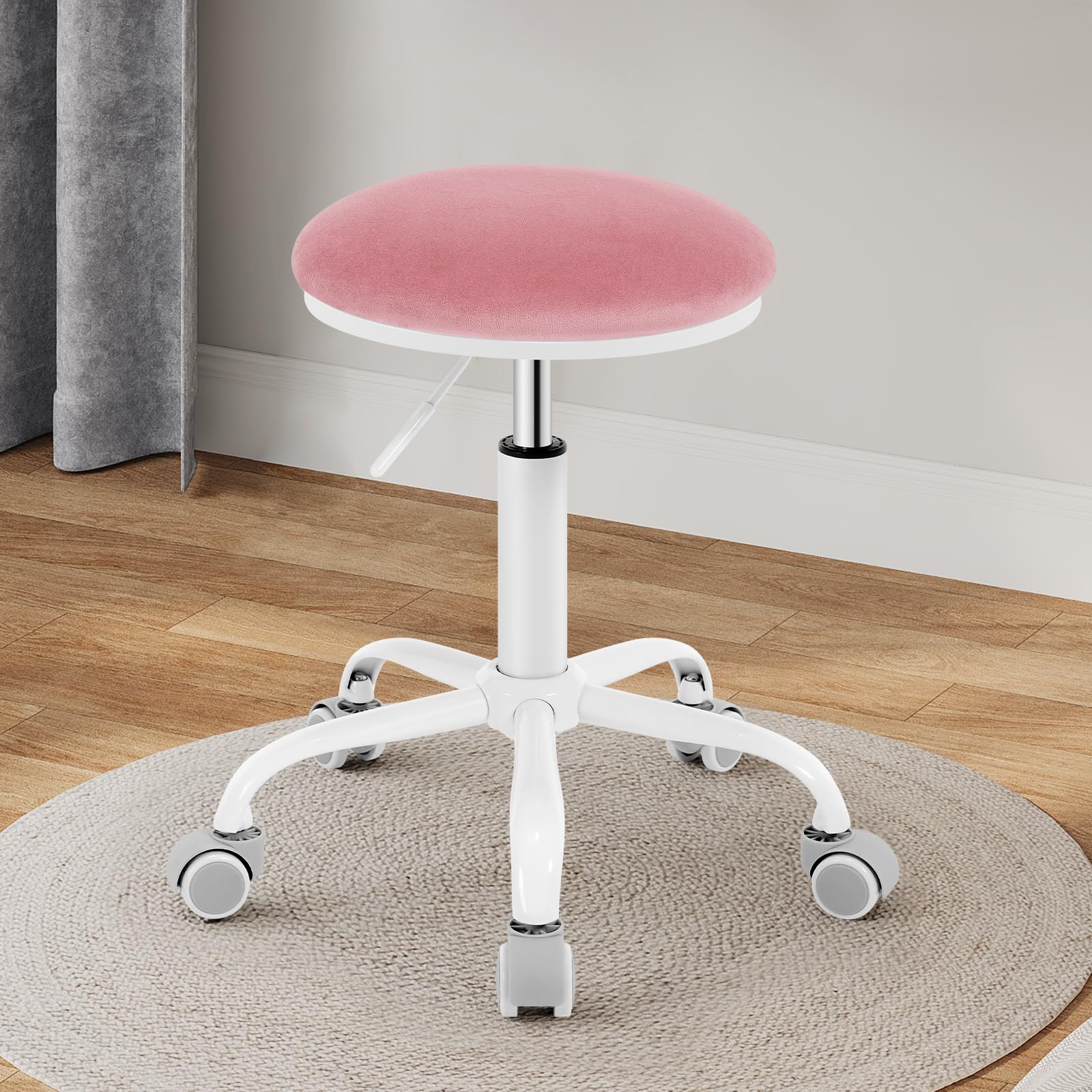 EUGAD Silla de Oficina con Ruedas, Taburete Giratorio 360° y Ajustable en Altura, Silla Redonda para Tocador, Estudio o Dormitorio, Aiento Regulable en 45,5-57,5 cm, Terciopelo, Rosa, 0177BGY