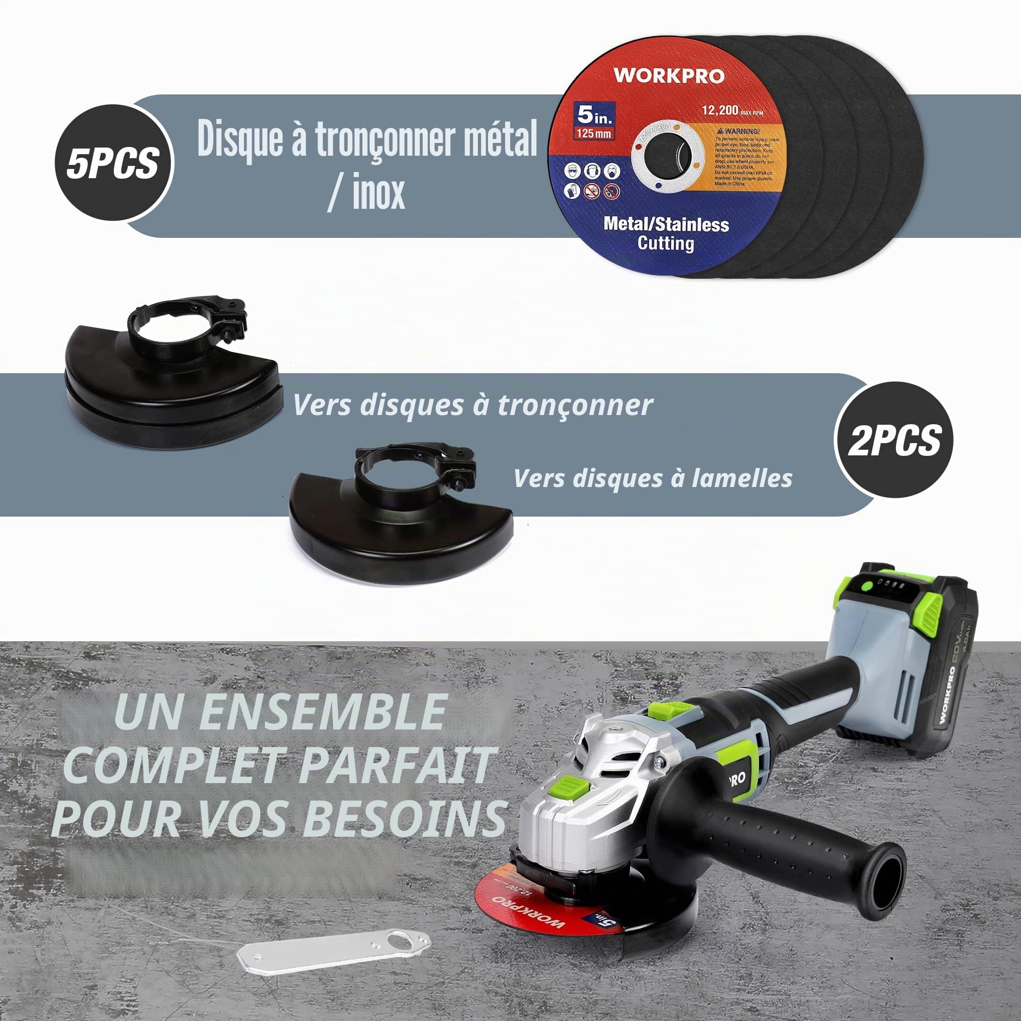 WORKPRO Meuleuse d'Angle Sans Fil 20 V Ø125 mm avec Batterie 4,0 Ah | avec 5 Disques à Tronçonner, 2 Capots de Protection et Poignée Auxiliaire, pour Coupe et Meulage