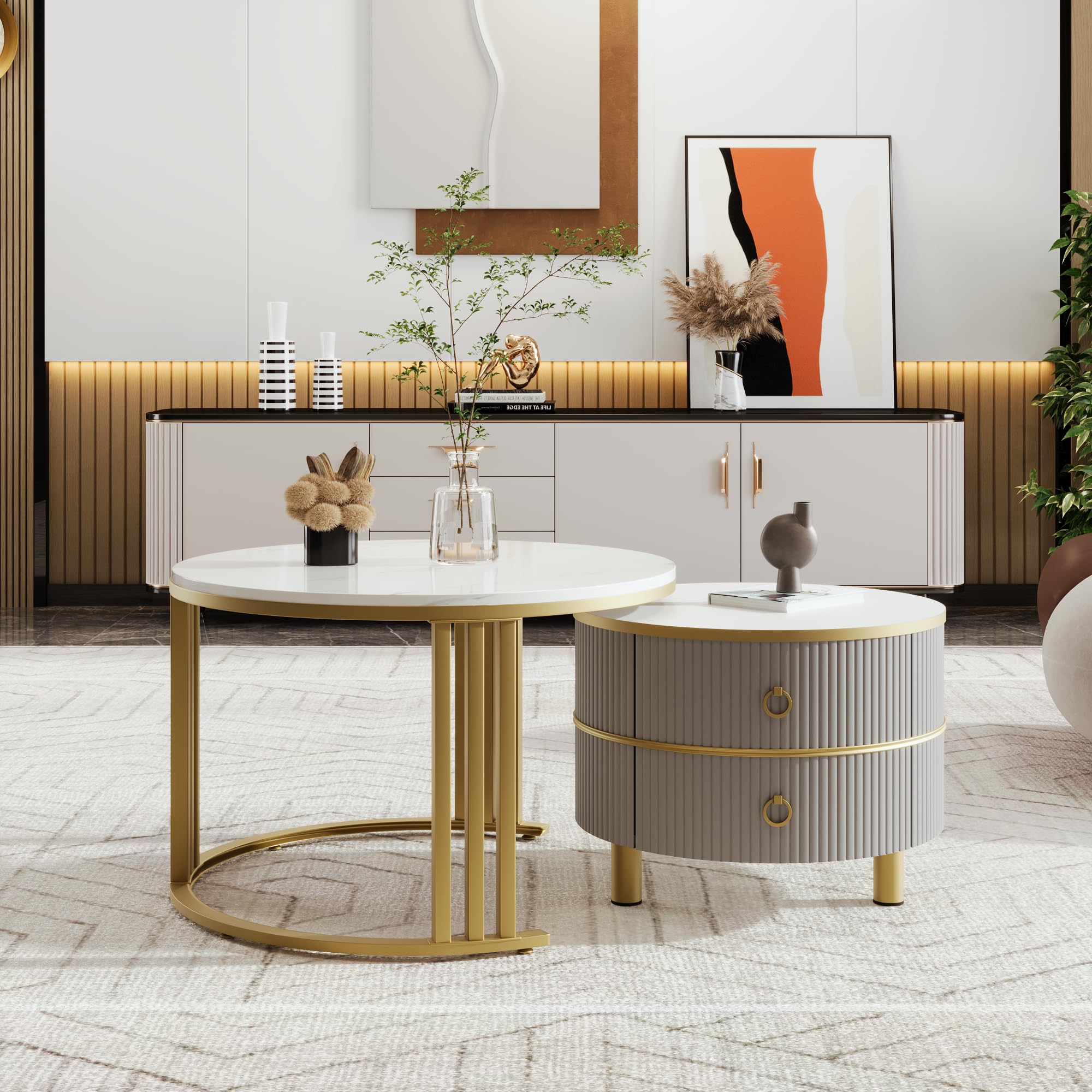 Merax 2-1 Nesting Coffee Tables for Living Room, Round Coffee Table Set with 2 Drawers, 1 Side Table with White Marble Top, White and Grey, MDF
