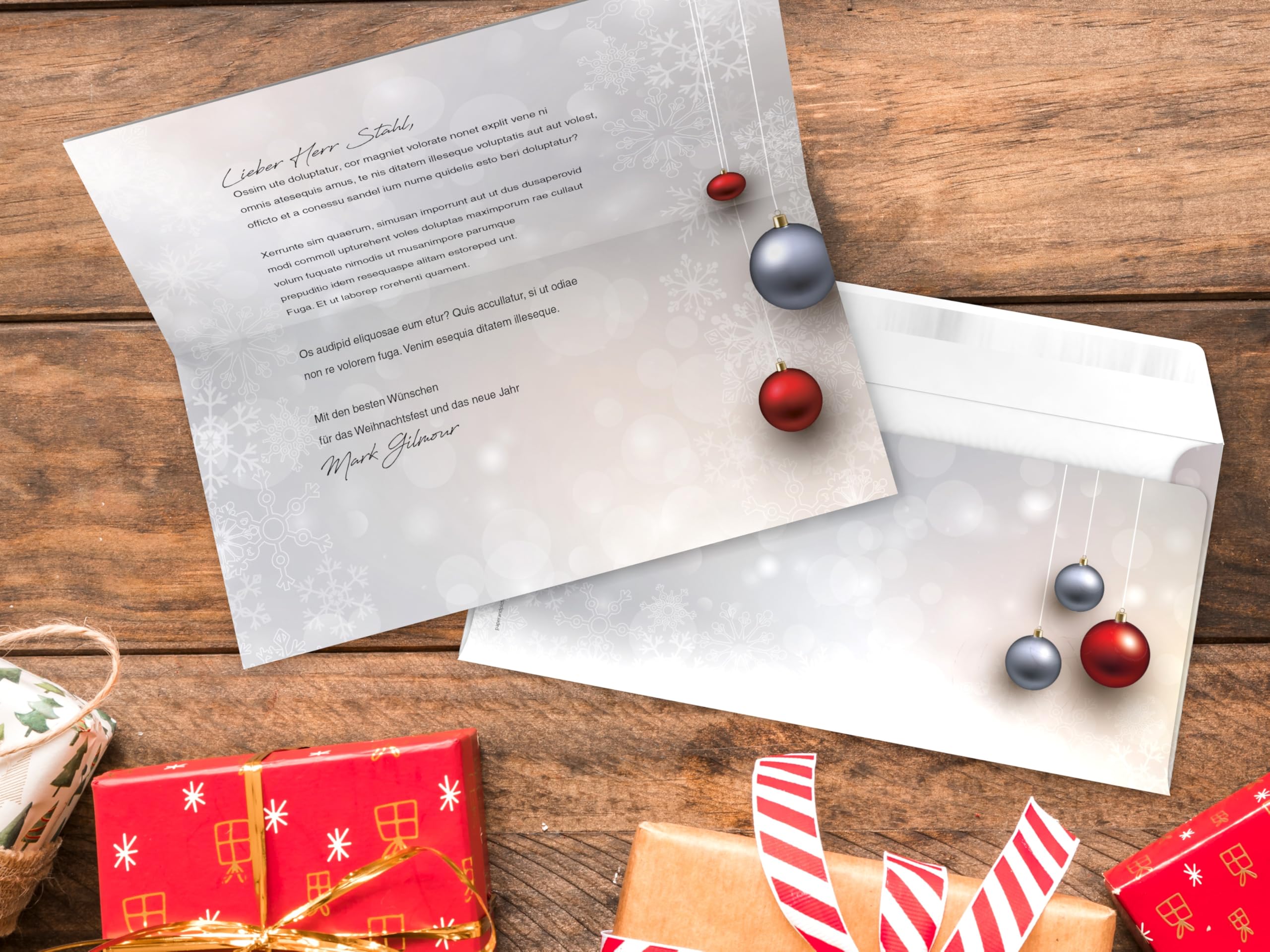 Weihnachtskarten Komplett-Set | Weihnachtskugeln Rot und Silber | 50 Karten-Sets mit Einleger und Kuvert | weihnachtliche Klappkarten