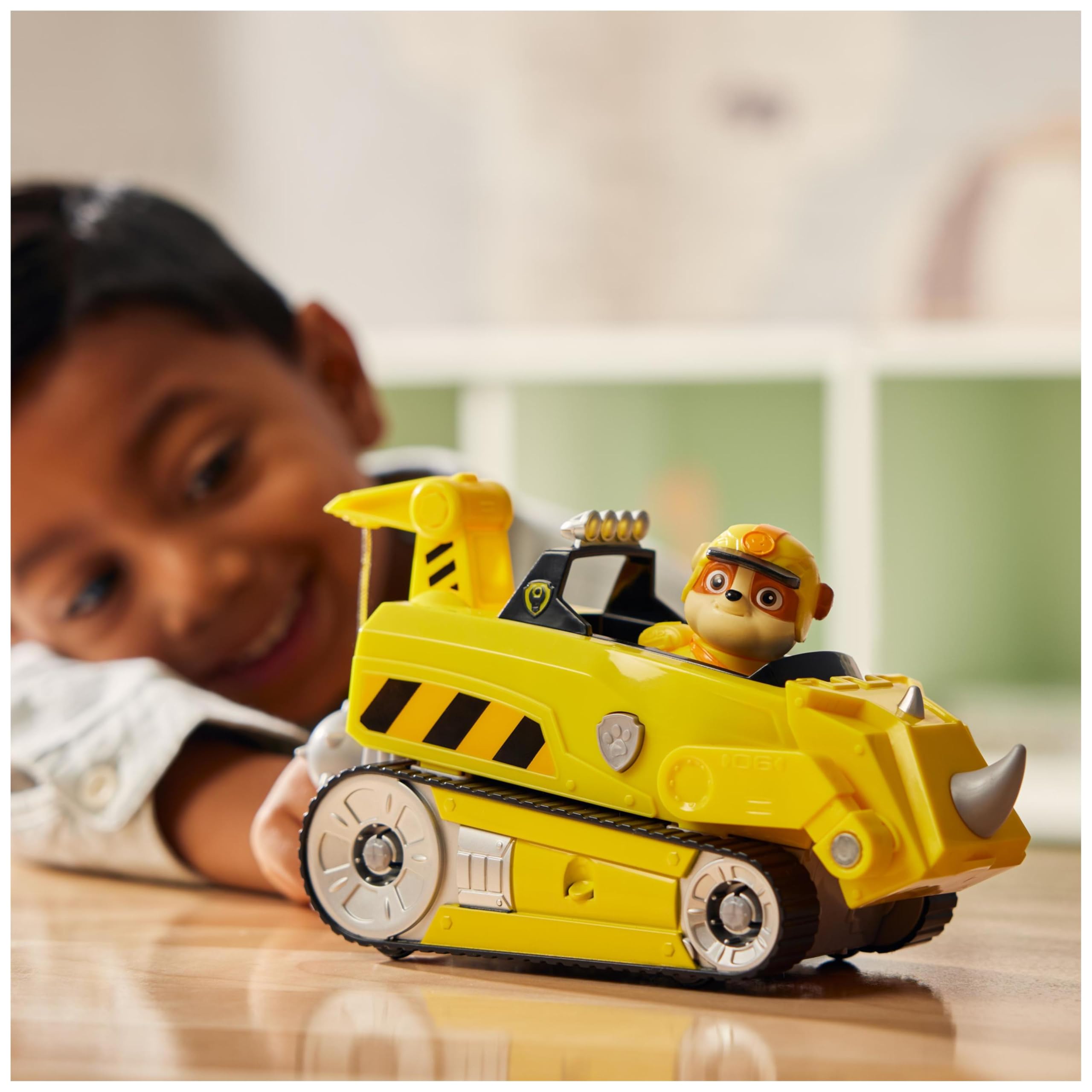PAW Patrol Jungle Pups, Veicolo Rinoceronte di Rubble, veicolo giocattolo con personaggio Rubble da collezione, giocattoli per bambini e bambine dai 3 anni in su