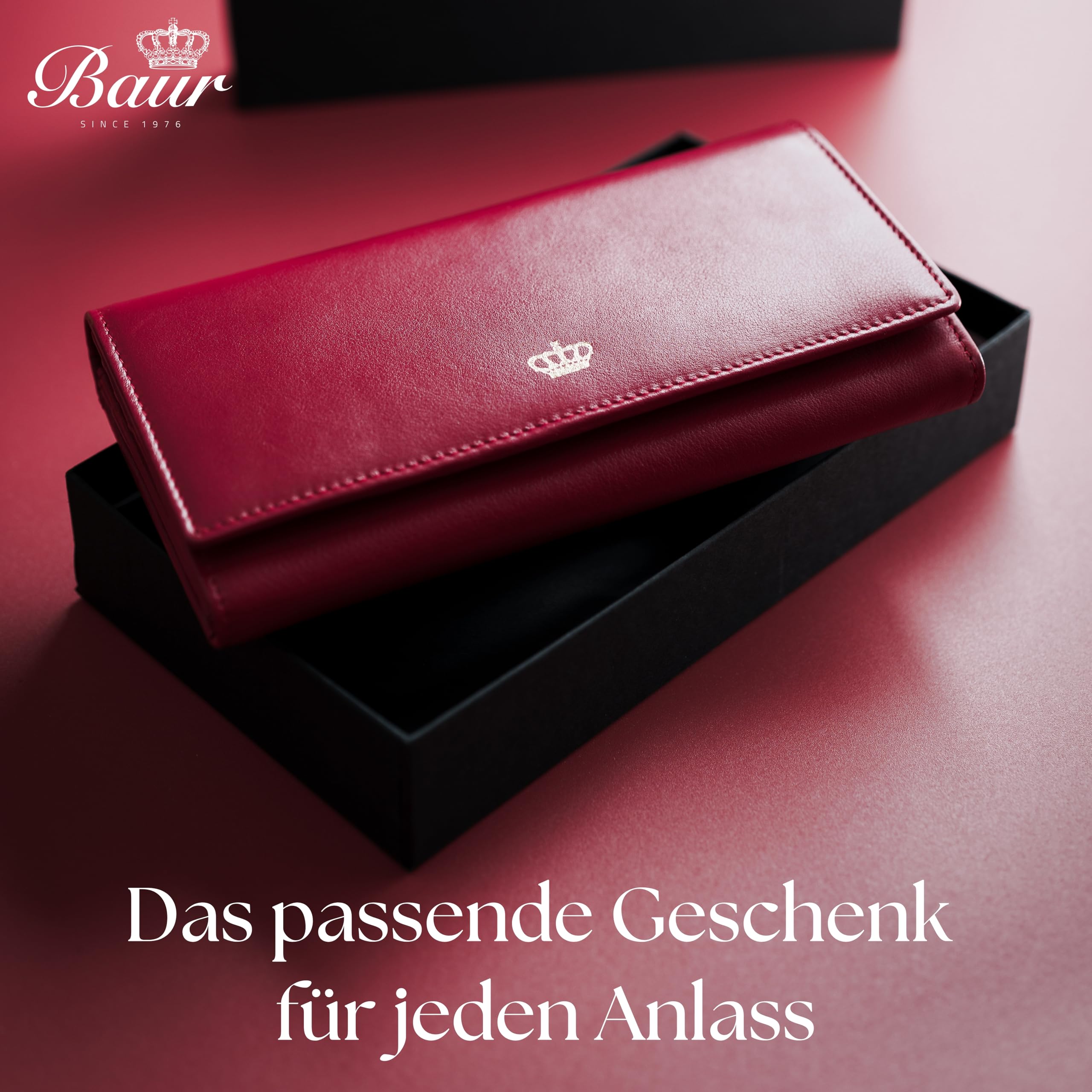 Baur Damen Geldbörse – Echtes Nappaleder mit RFID-Schutz – Großes Portemonnaie mit Druckknopf, 18 Kartenfächern und Münzfach mit Metall-Reißverschluss – Vollleder (Rot, Gold Design)
