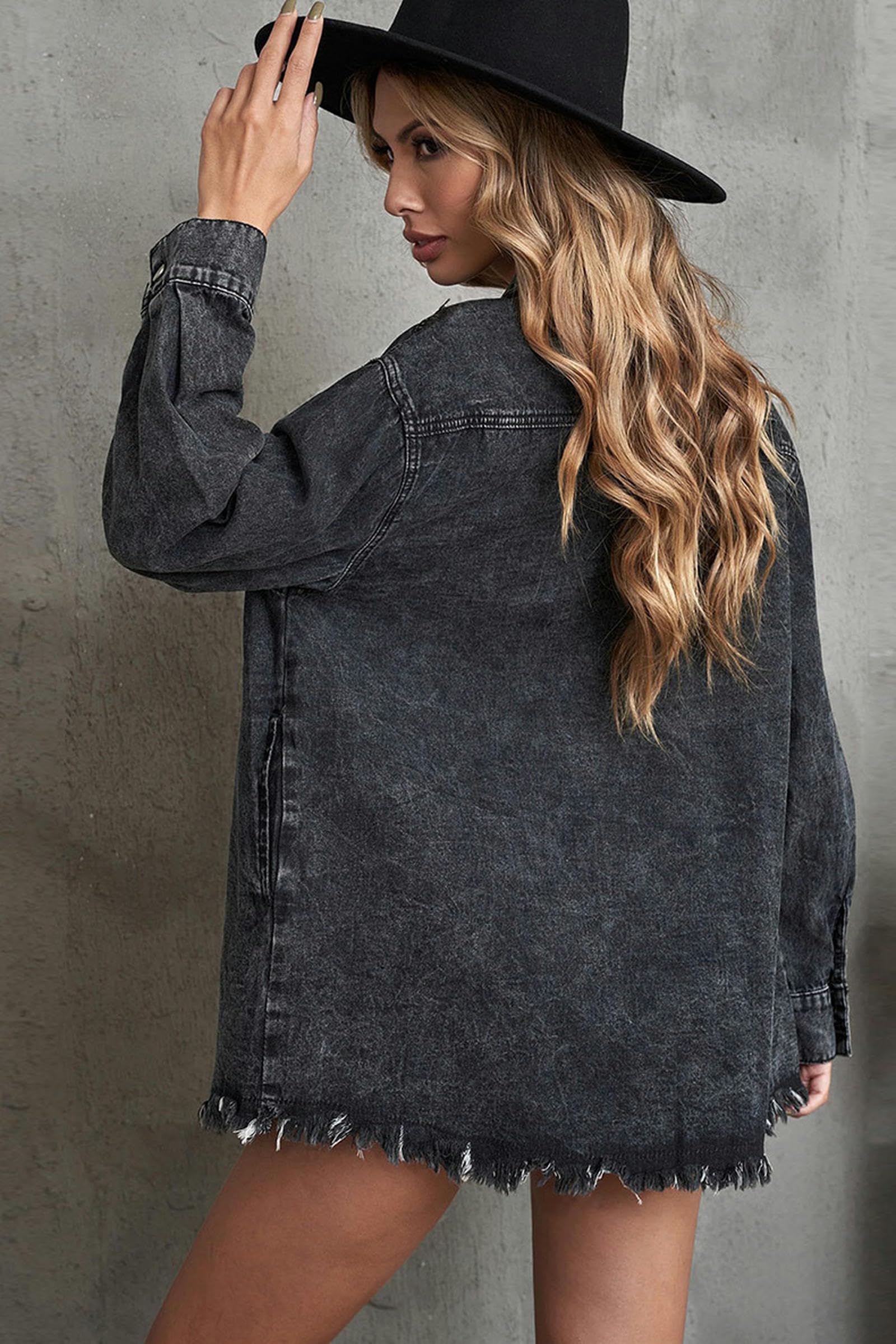 Giacca Jeans Donna Giacca di Denim A Maniche Lunghe Giacca di Denim Lavata Loose Single Breasted Denim Jacket-Blu Navy-L