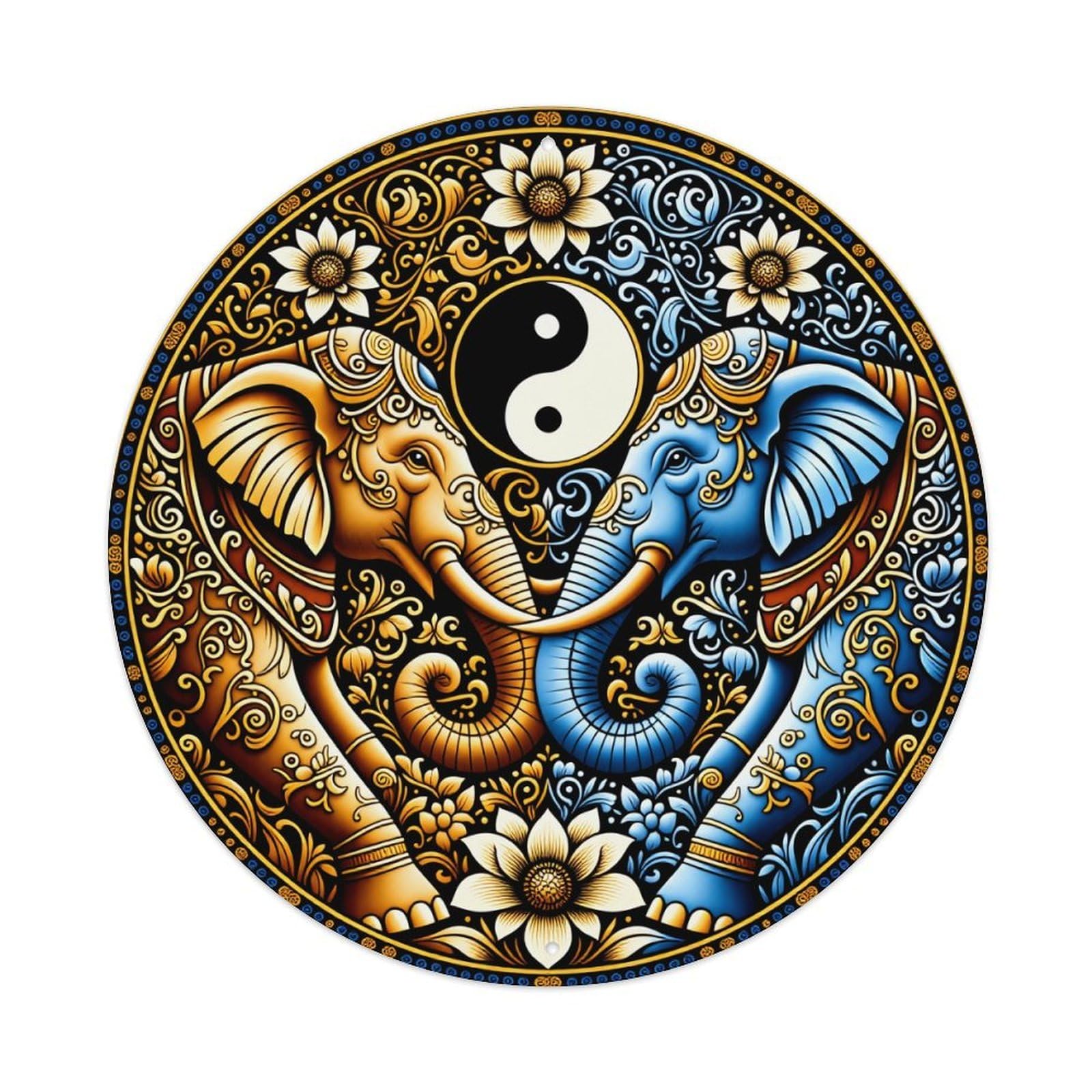 Elephant Yin Yang Floral Pattern Metal Tin Sign Vintage Garden Bedroom Cafe Bar Man Cave Home Wall Decor Metal Poster 8x8 inches