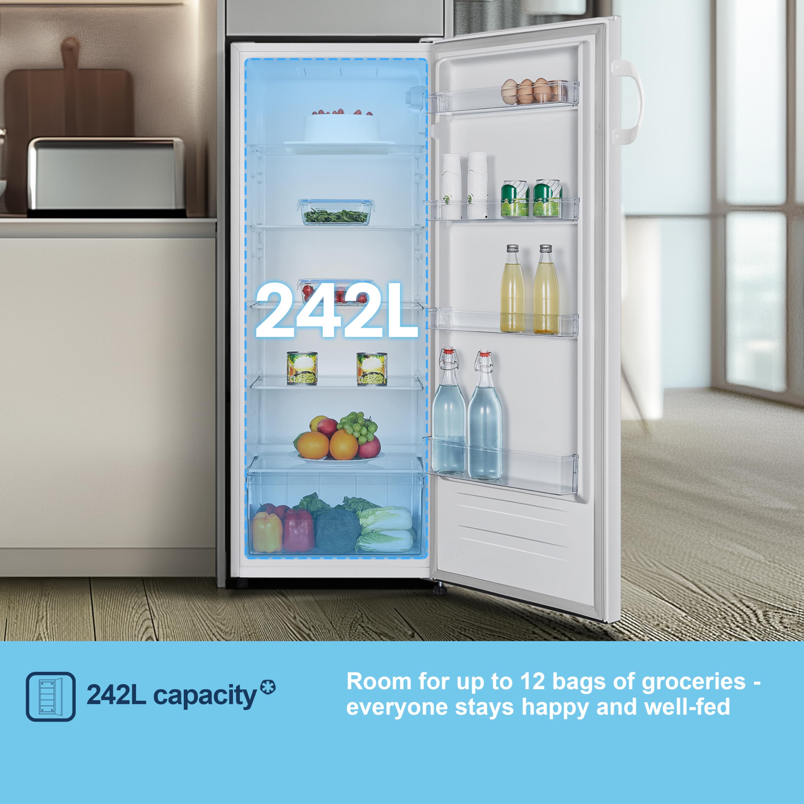 Fridgemaster MTL55242E Freestanding Upright Larder Fridge, Reversible Door, 242 Litre, 55cm Width, White, E Rated — view 5