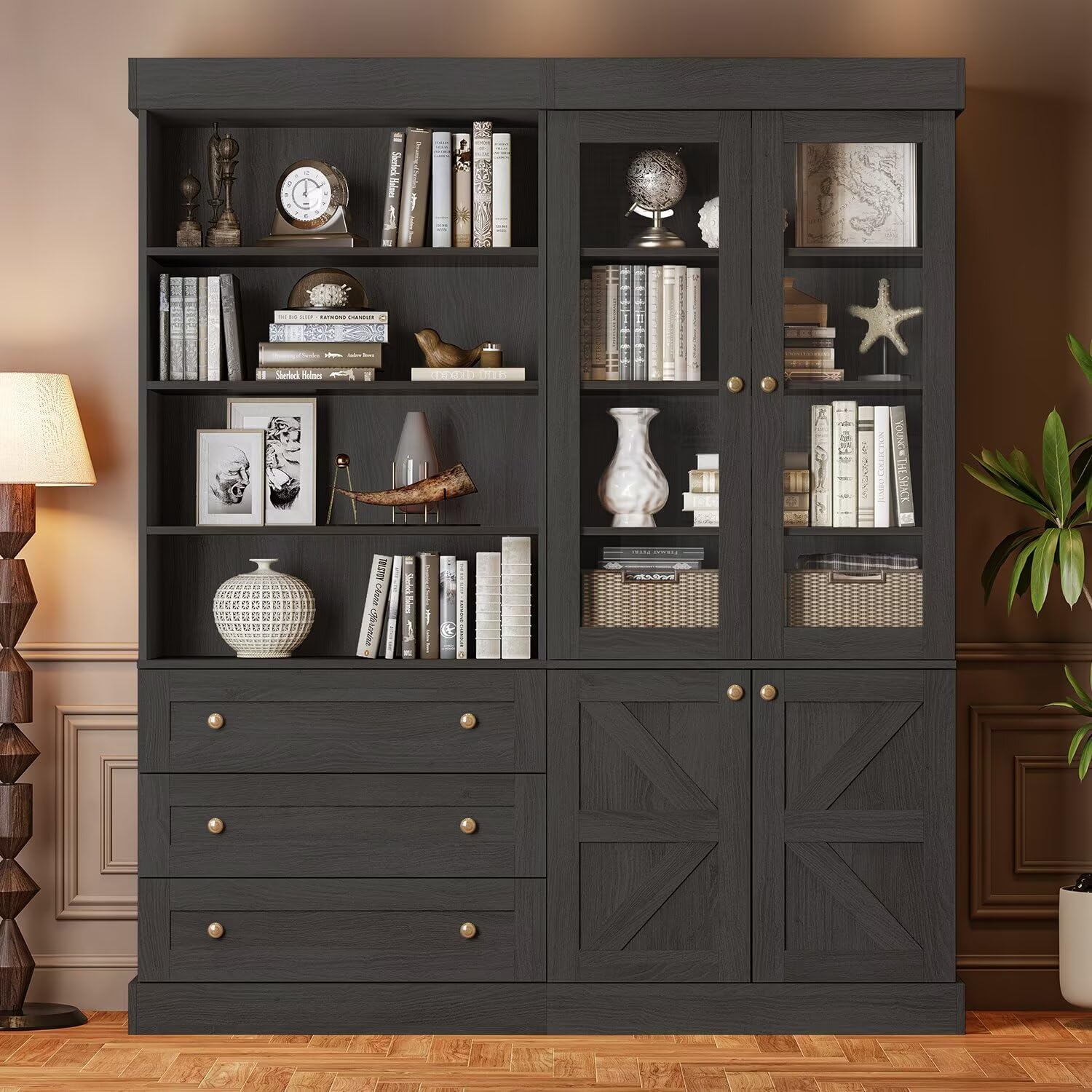 ivaniti 71" Farmhouse Bookcase with Glass Doors & Drawers, Tall Wooden Storage Cabinet with Adjustable Shelves for Living Room, Kitchen, Home Office,