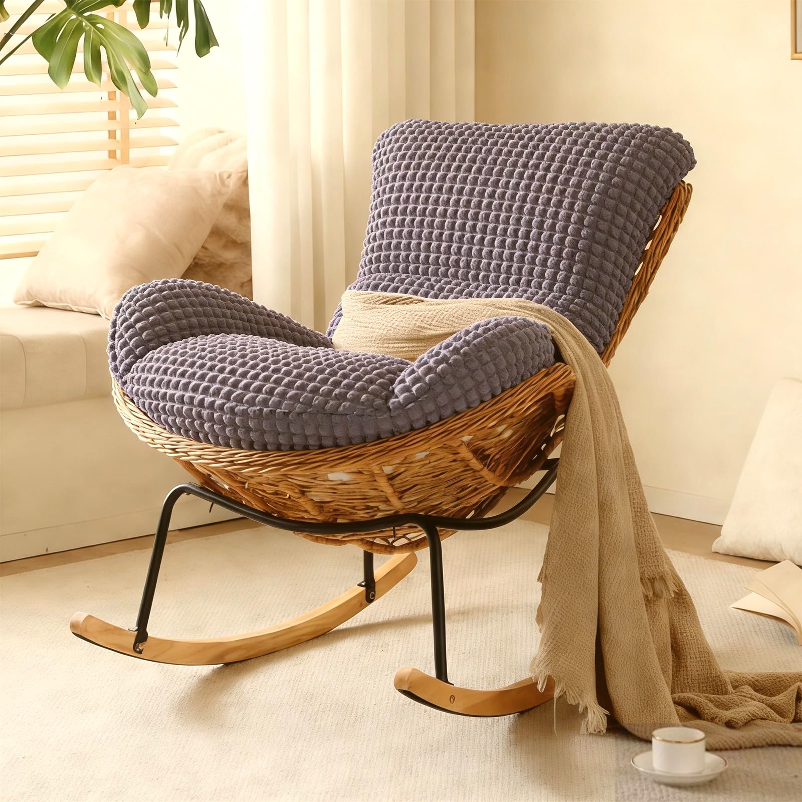 BYGSBKDP Rocking Chair Comfy Lobster Lounge Chair with a Removable Cushion Cover Teddy Velvet Soft Lining Glider Nursing Chair for Adults Living Room/Bedroom Easy to Assemble Grey Grid