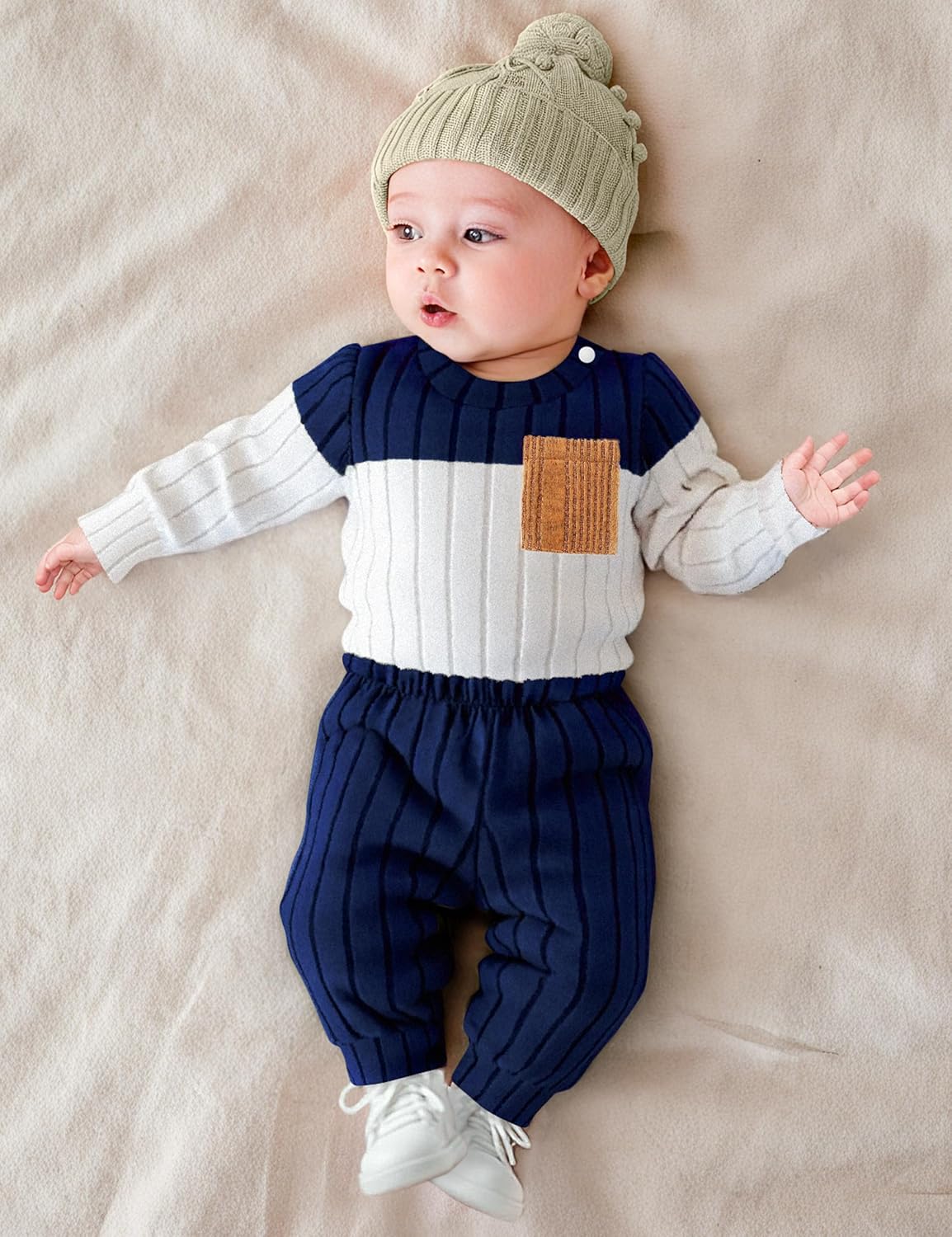 Baby Boy Clothes Color Block Ribbed Knitted Outfits Long Sleeve Romper+ Pants 2PCS Outfit 0-12 Months - Image 2