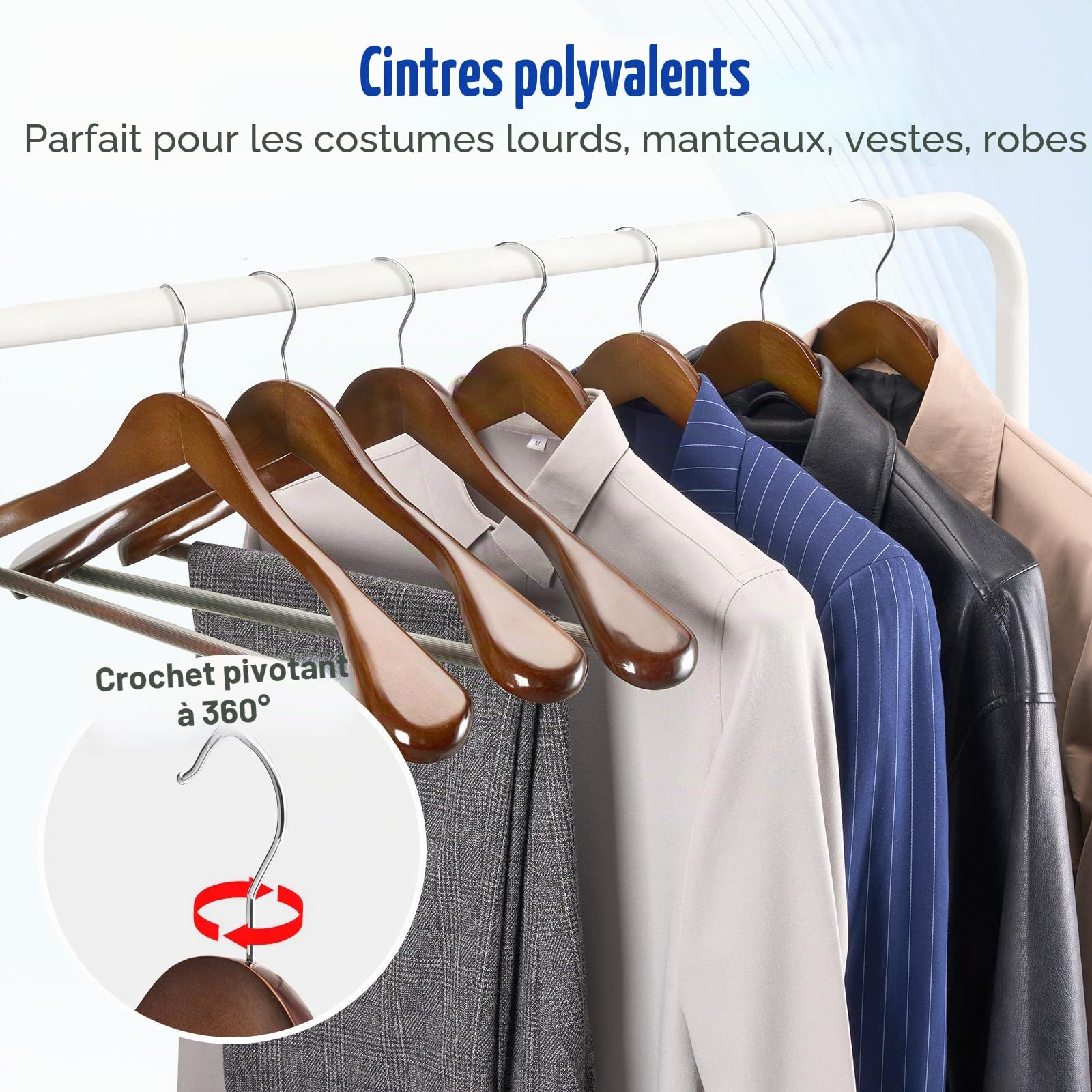 HOUSE DAY Cintres Bois 6 Pièces, Vintage, Cintre à Épaule Large pour Hanger Vêtements Adultes, Cintre Manteau avec Crochet Rotatif 360° et Support Anti-Dérapant pour Vestes, Chemises, Pantalons