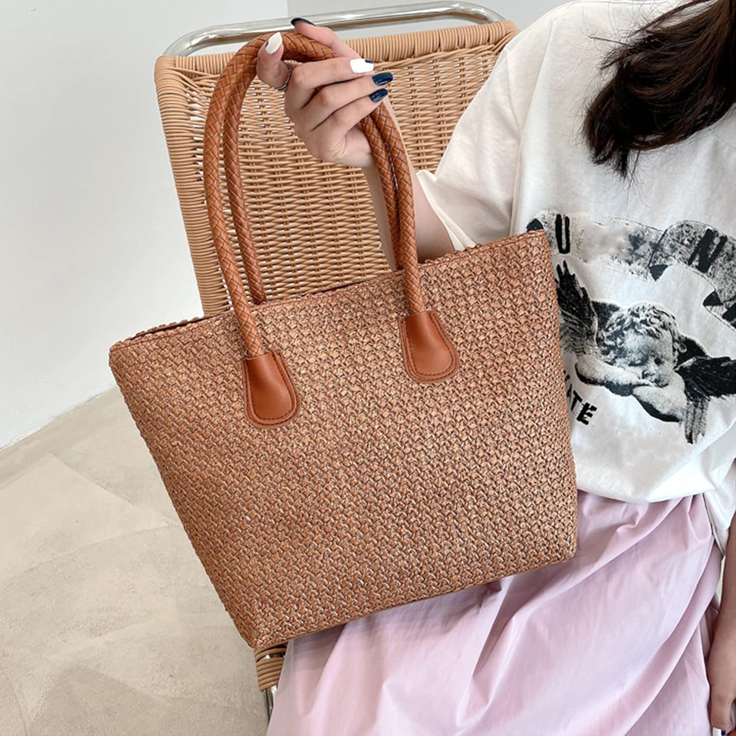 Women Large Straw Woven Shoulder Bag Bohemian Beach Travel Top-handle Bag Tote