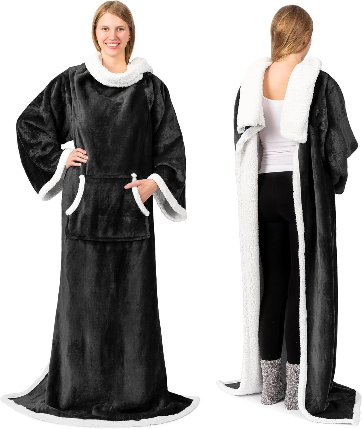 PAVILIA Sherpa Wearable Blanket with Sleeves and Pocket, Plush Thick Cozy Body Blanket Wrap for Adult Women Men, Christmas Gift for Wife Mom, Black - Image 2