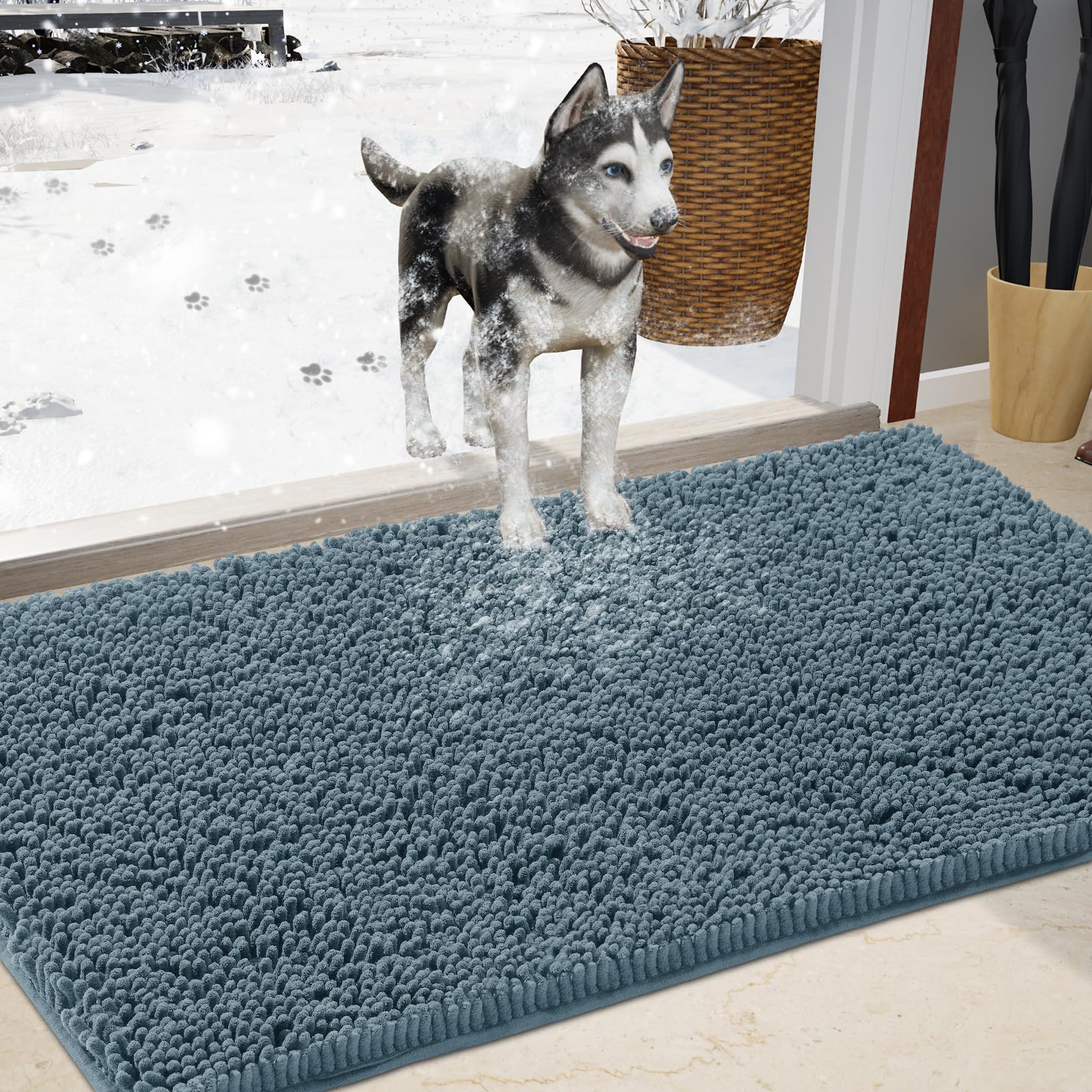 Durable Chenille Absorbent Outdoor Doormat 24" x 36", Muddy Washable Door Mats for Dog Non Slip Indoor Doormat Front Inside Doormat for Entryway, Mud Dog Paws, Patio Dusty Blue