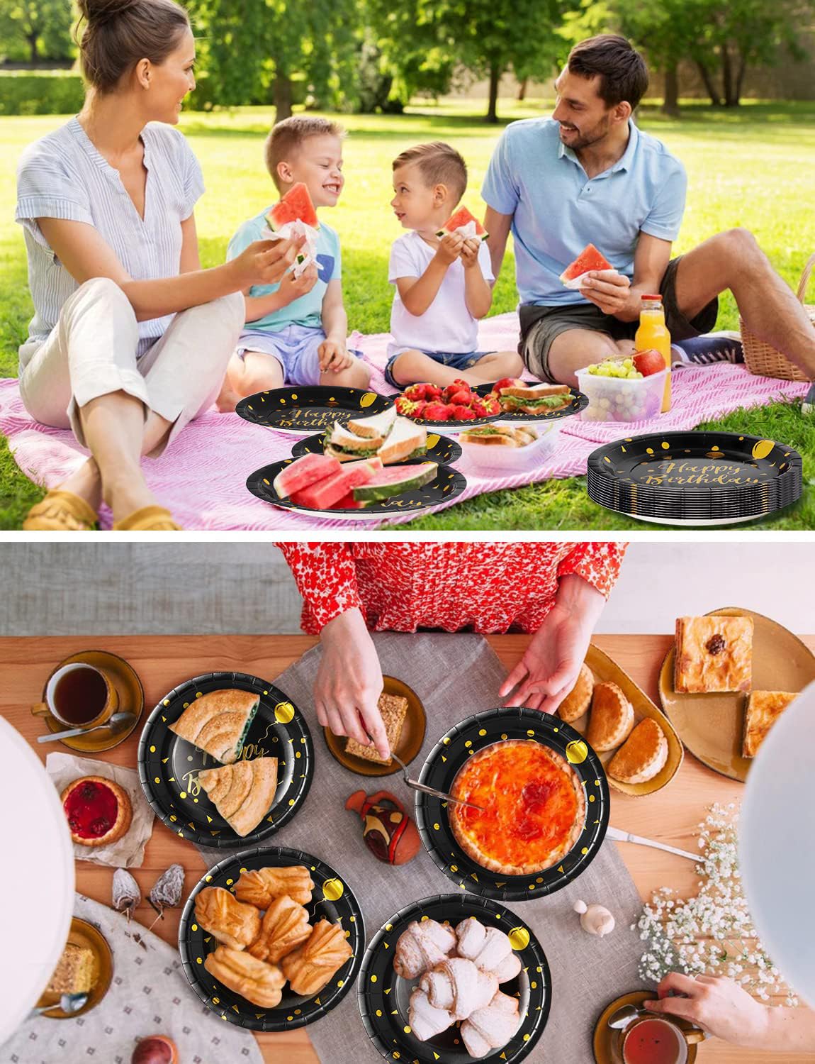 Nkaiso Compleanno Stoviglie per Feste, 20 Ospiti Nero Oro Stoviglie Carta Set Include Piatti di Carta Tovaglioli Tazze Riutilizzabili Stoviglie Decorazioni per Feste per Bambini
