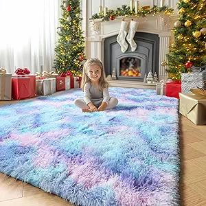 Amdrebio Blue Purple Rainbow Mermaid Rugs 6x9 for Girls Bedroom Decor Aesthetic, Soft Plush Fluffy Kawaii Area Rugs for Kids Room Nursery Playroom, Cute Stitch Frozen Fuzzy Furry Baby Toddler Carpet