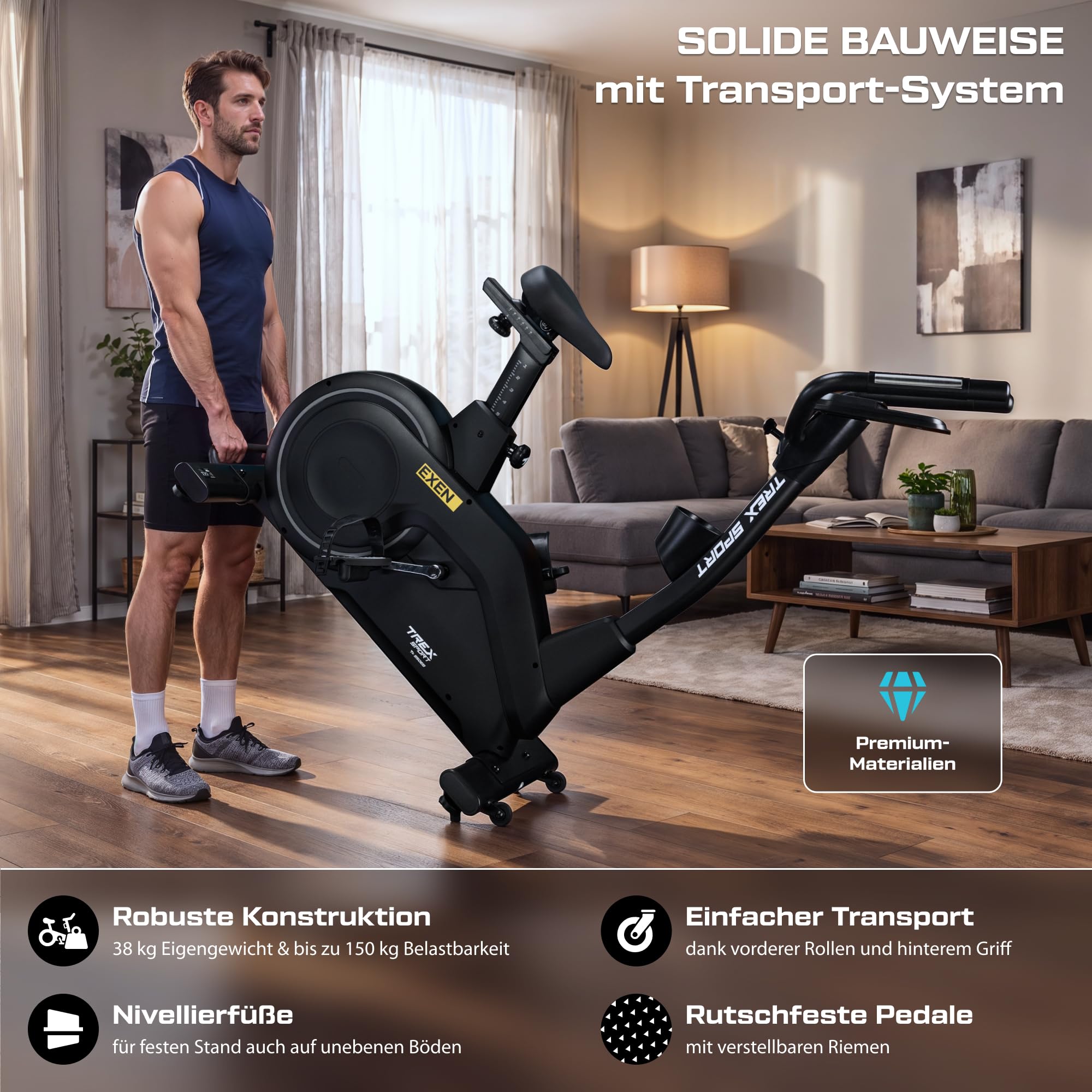 TREX SPORT Hometrainer Fahrrad EXEN bis 150kg 21 App Trainingsprogramme