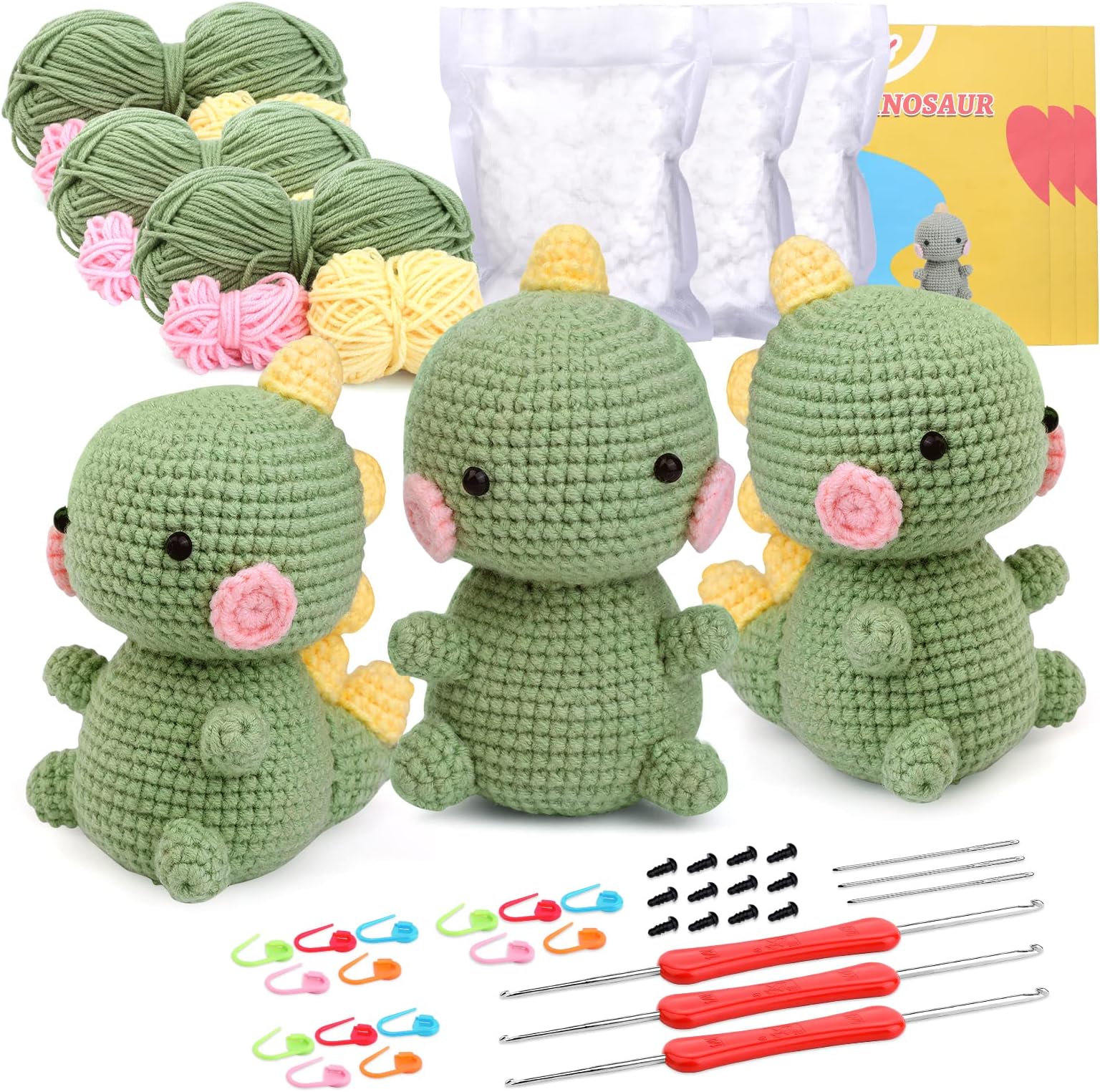 Yizzvb Beginner Crochet Kit, Crochet Animal Kit, Double Head Hook Knitting with 3 Color Yarn, Fiber Fill, Step-by-Step Video Tutorials DIY Creative Crochet Set for Adults (Dinosaur)