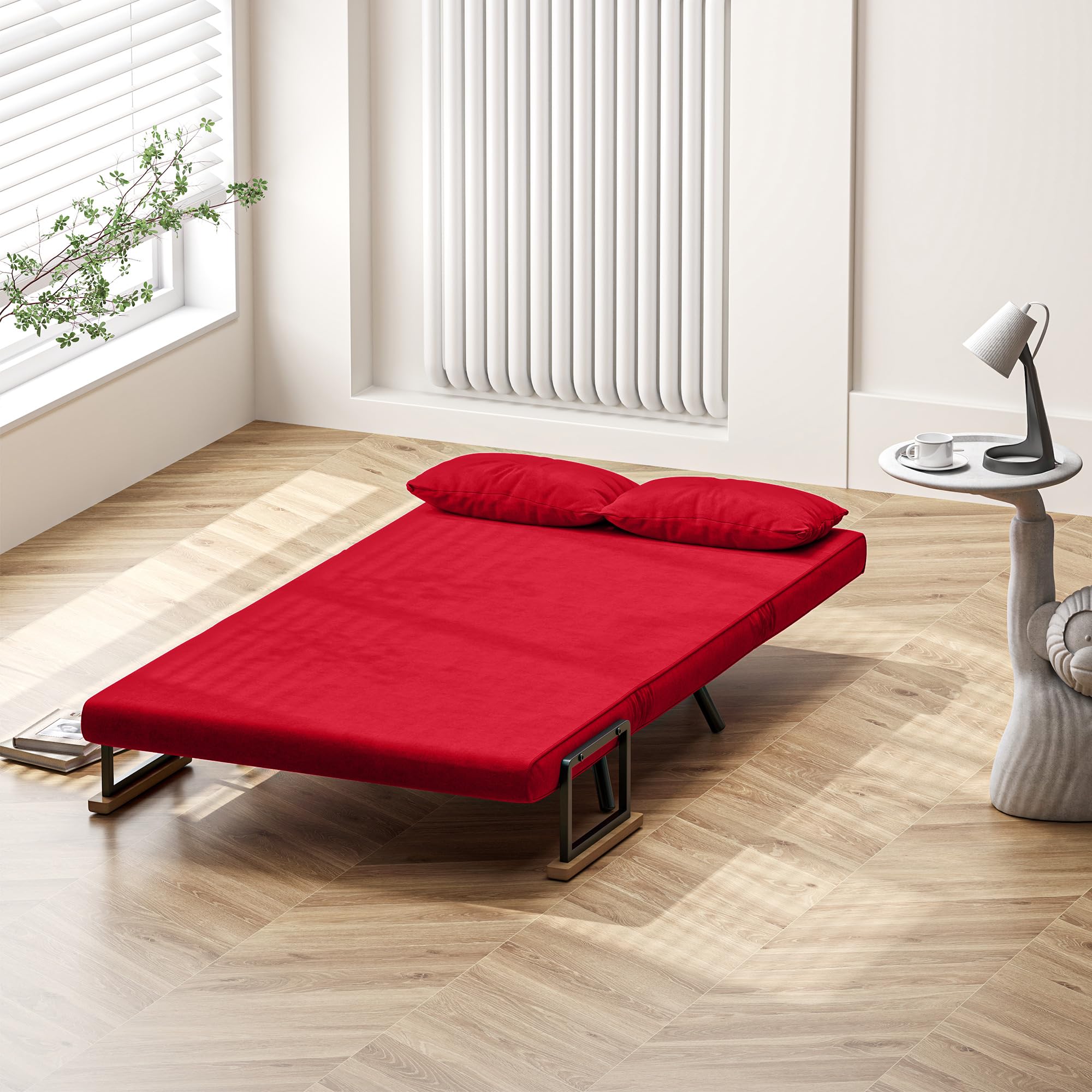 HOMCOM 4 in 1 Divano Letto 2 Posti, con Schienale Regolabile in 5 Posizioni, Divano Letto Matrimoniale Pieghevole con 2 Cuscini, Seduta Imbottita, in Velluto per Casa e Ufficio, 102x73x81 cm, Rosso