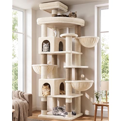 Globlazer Extra Large Cat Tree Tower, 82in Tall Heavy Duty Cat Tree for Indoor Cats Large Adult Big Cat Tower with 8 Scratching Posts, 2 Cat Condos, 2 Top Perches, 3 Hanging Baskets, S82, Beige