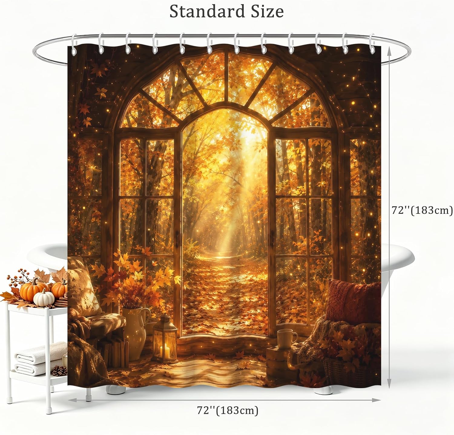 Fall Forest Arched Window Shower Curtain, Golden Maple Leaf Warm Sunlight Rustic Cabin Autumn Bathroom Decor, Waterproof Polyester Bath Curtain Set with 12 Hooks 72Wx72H Inch image 2