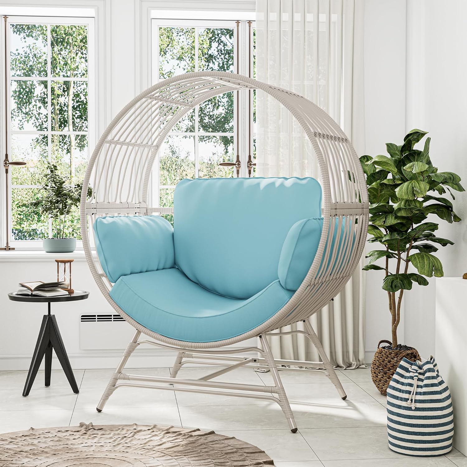 Bifanuo Oversized Egg Chair Indoor/Outdoor Rattan Hanging Basket Chair with Thickened Cushion Supports 350LBS – Wicker Patio Lounge Chair for Balcony Porch Living Room Backyard (Beige)