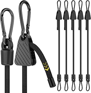 Rugtol Adjustable Bungee Cords with Hooks, 6 Pack Heavy Duty Outdoor Carabiner Bungee Cord, Black Super Elastic Bungee Straps Easily Adjust from 7