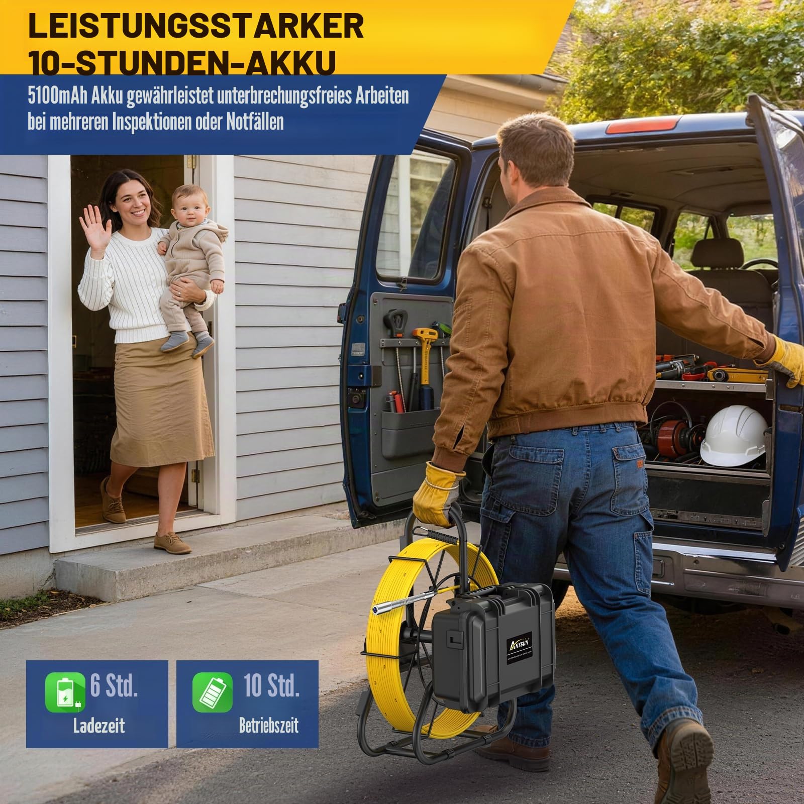 Anysun Selbstnivellierung Rohrkamera 30M, 512Hz Sender, 1080P HD 23mm Kamera, 9" IPS Inspektionskamera mit 7mm Meter-Kabel, DVR & 32GB Karte, Abflusskamera IP68 Wasserfest, 5100mAh Batterie | 9" IPS Inspektionskamera mit 7mm Meter-Kabel, DVR & 32GB Karte,